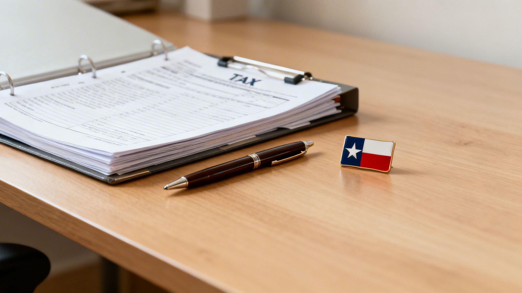 Documentos de impuestos en carpeta, bolígrafo y pin de la bandera de Texas en escritorio.