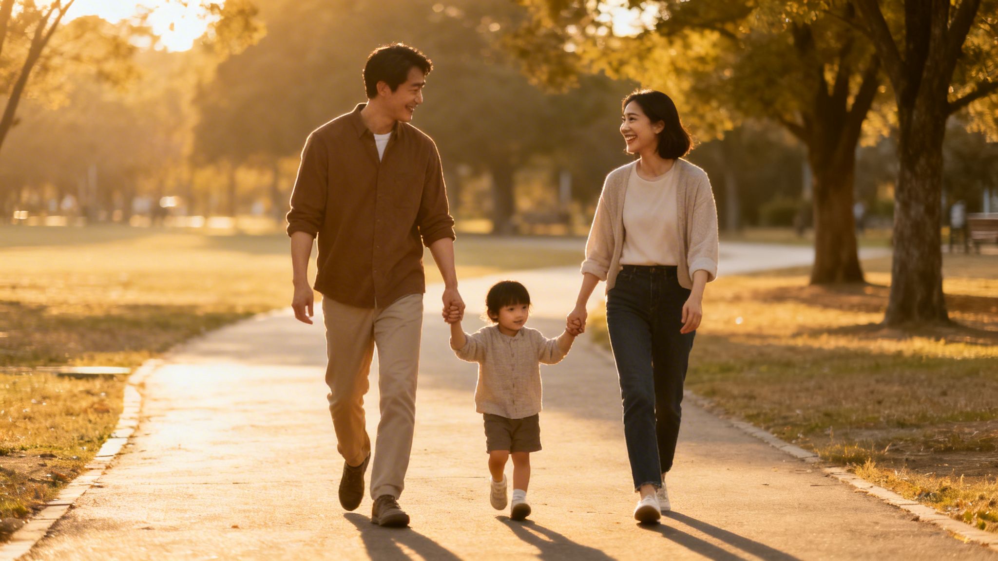 Una familia feliz (padre, madre, hijo) camina de la mano en un parque soleado al atardecer.
