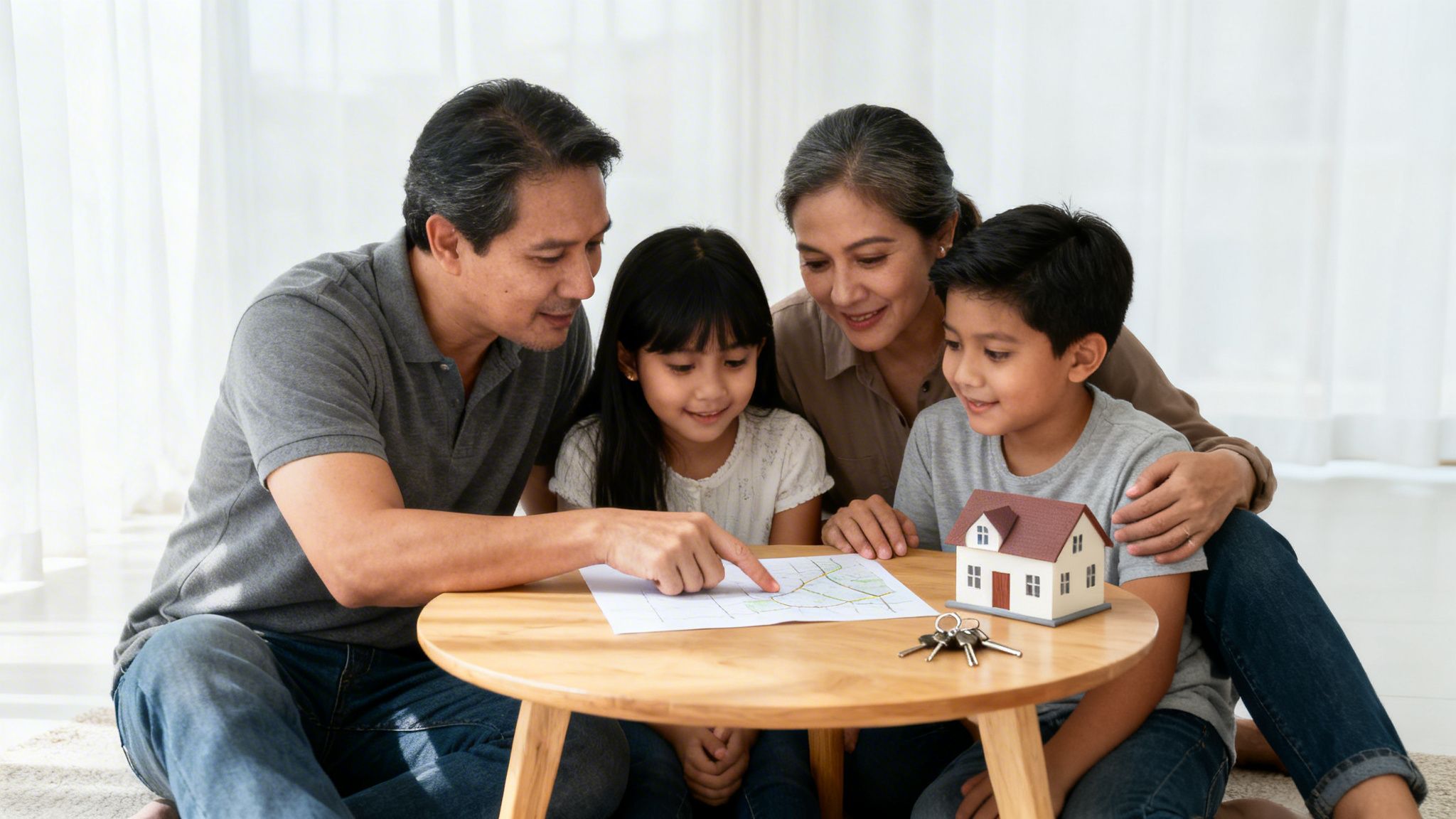 Una familia asiática feliz con dos niños revisa un mapa y un modelo de casa en la mesa.