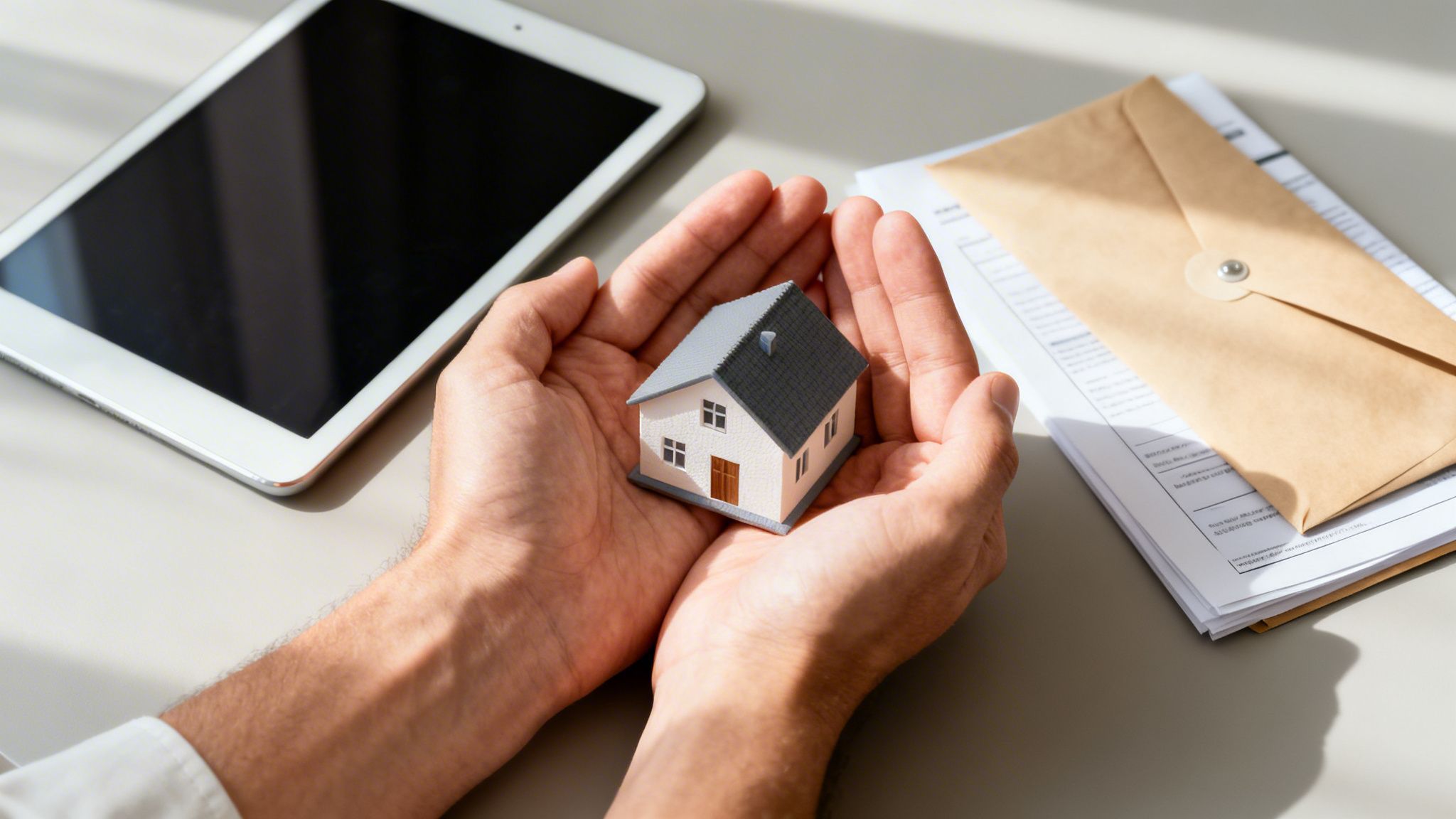Manos sosteniendo una casa en miniatura, con una tableta y documentos al fondo.