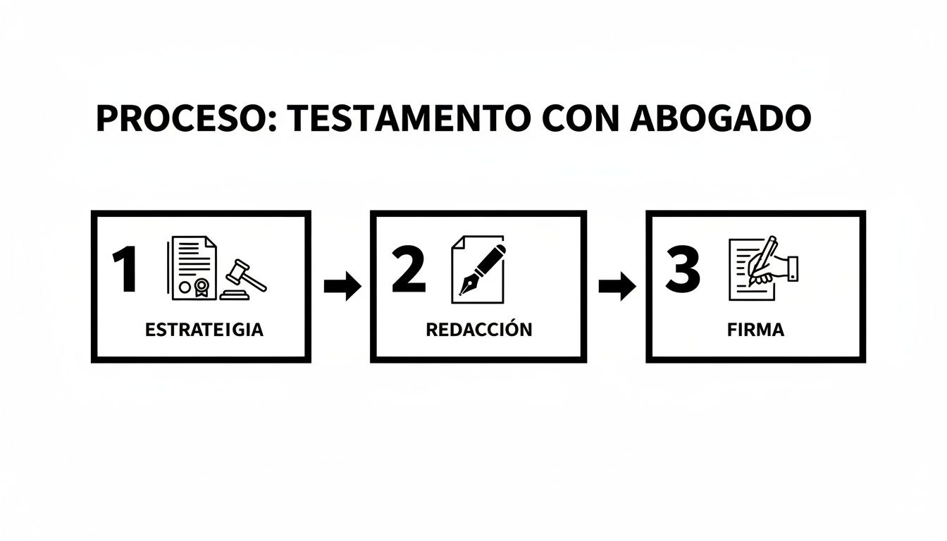 Proceso de testamento con abogado: estrategia, redacción del documento y firma en tres pasos.
