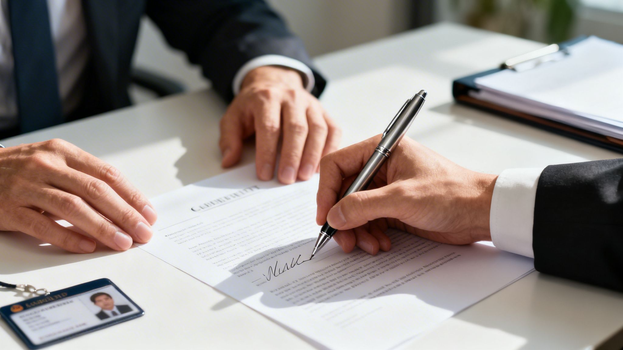 Dos personas, una firmando un documento importante con una pluma, con una identificación sobre la mesa.