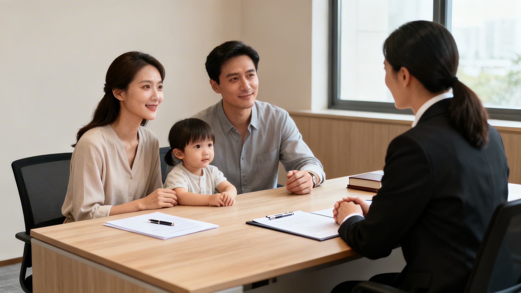 Familia asiática, padres y su hija pequeña, reunida con una asesora profesional en una oficina para consulta.