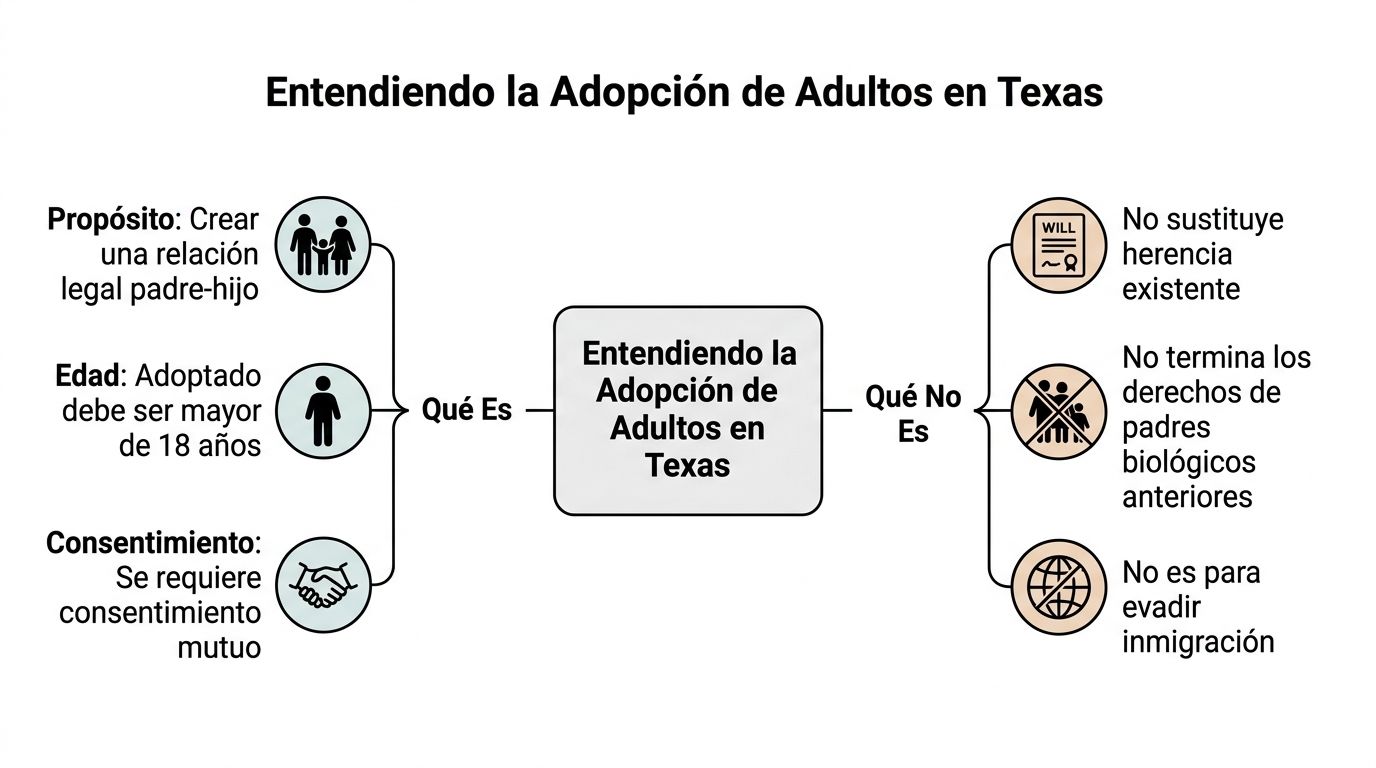 Diagrama informativo sobre los requisitos y aclaraciones legales de la adopción de adultos en Texas.