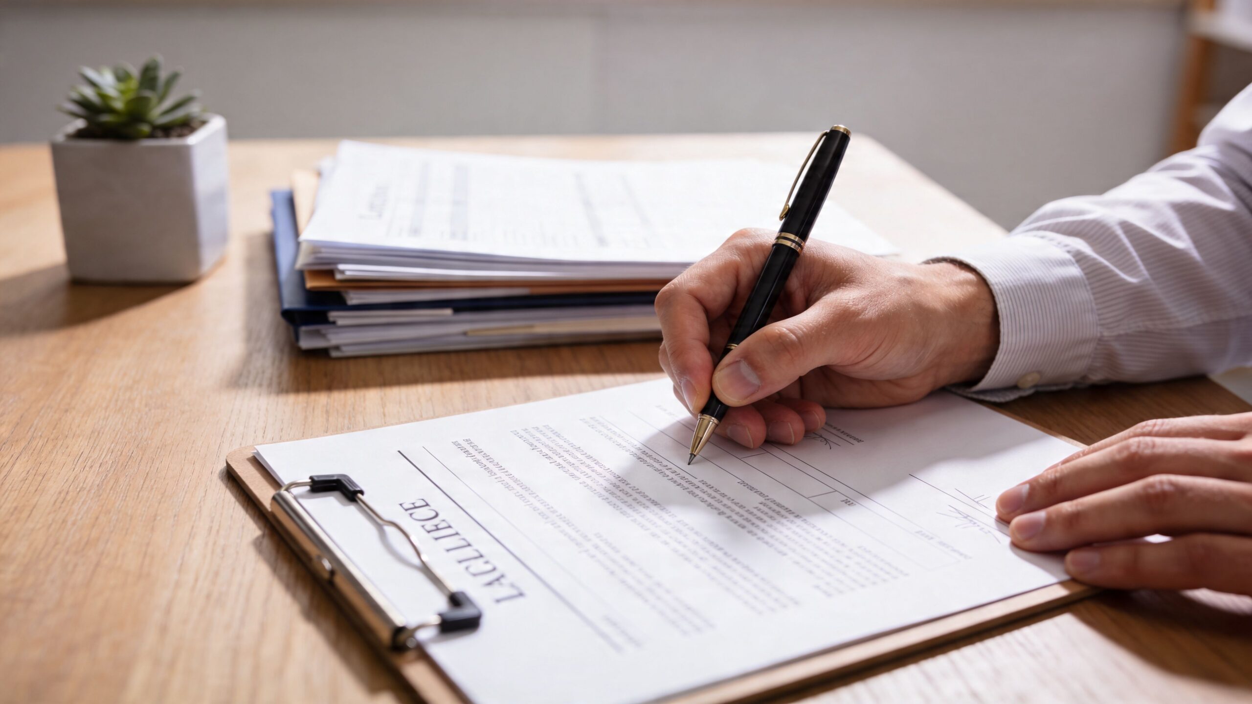 Una persona completando formularios legales de adopción en un escritorio de oficina con documentos y una planta.