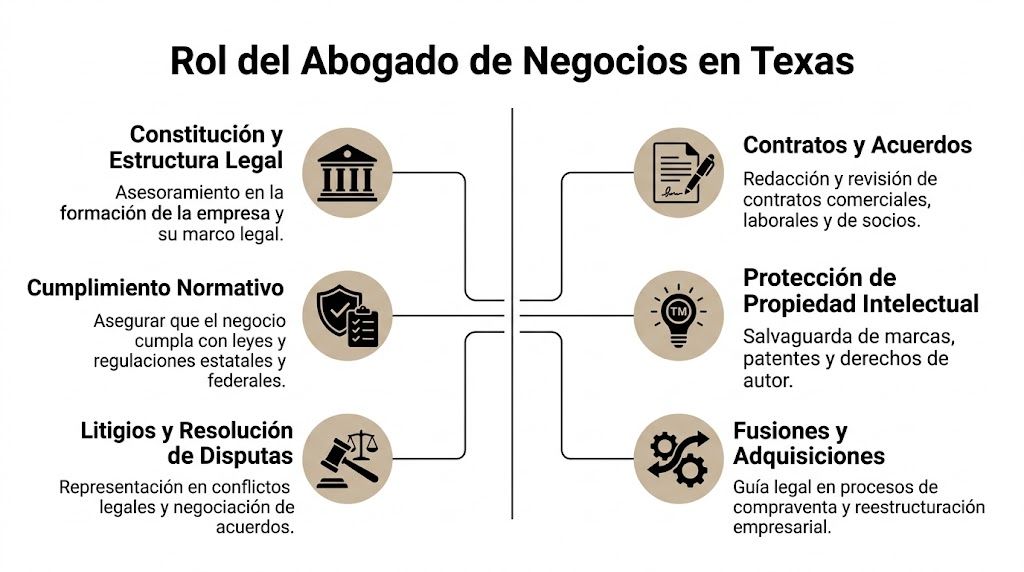 Infografía sobre las funciones principales que realiza un abogado de negocios en el estado de Texas.