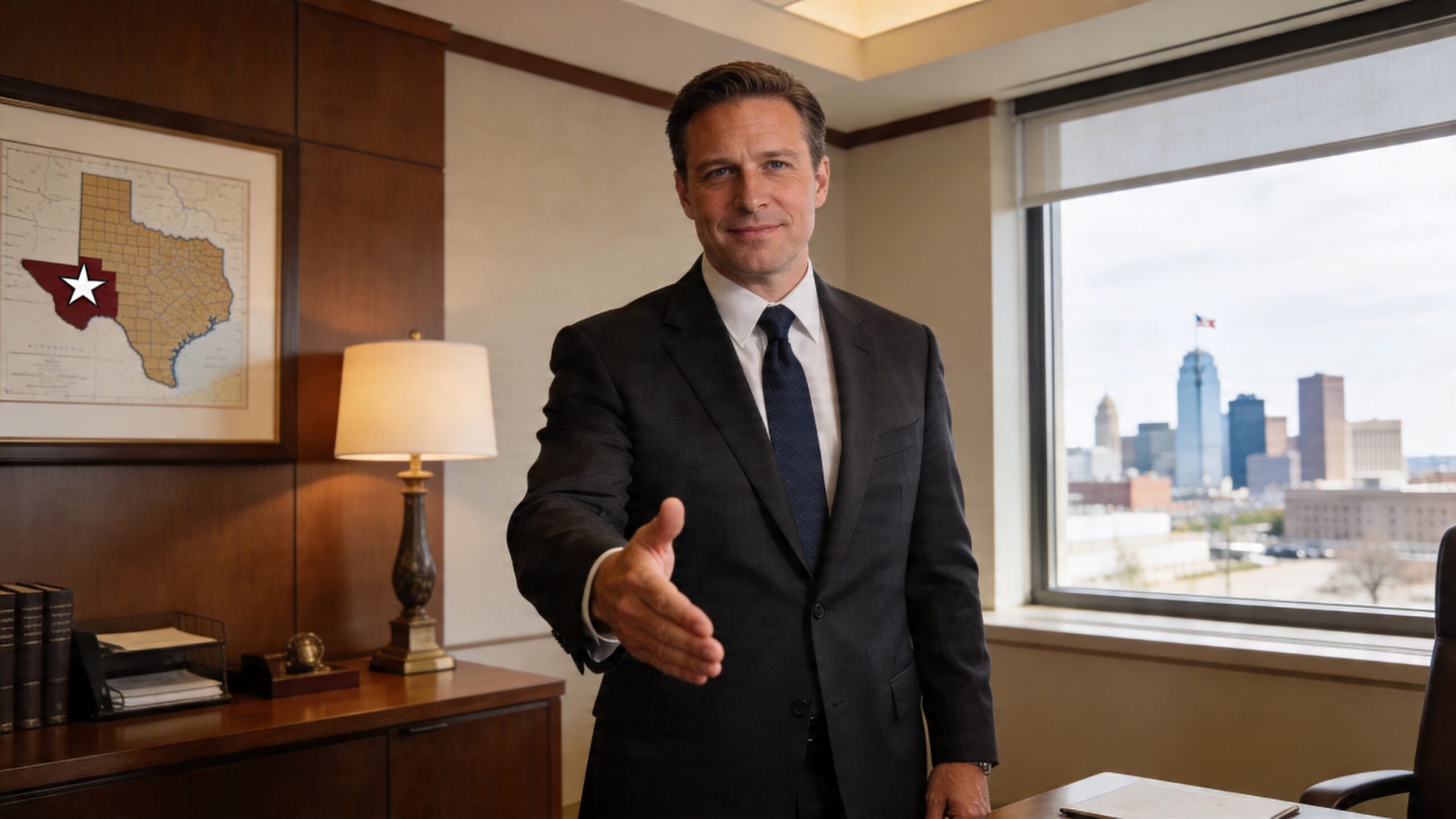 Un hombre de negocios con traje extiende su mano para un saludo en una oficina elegante.