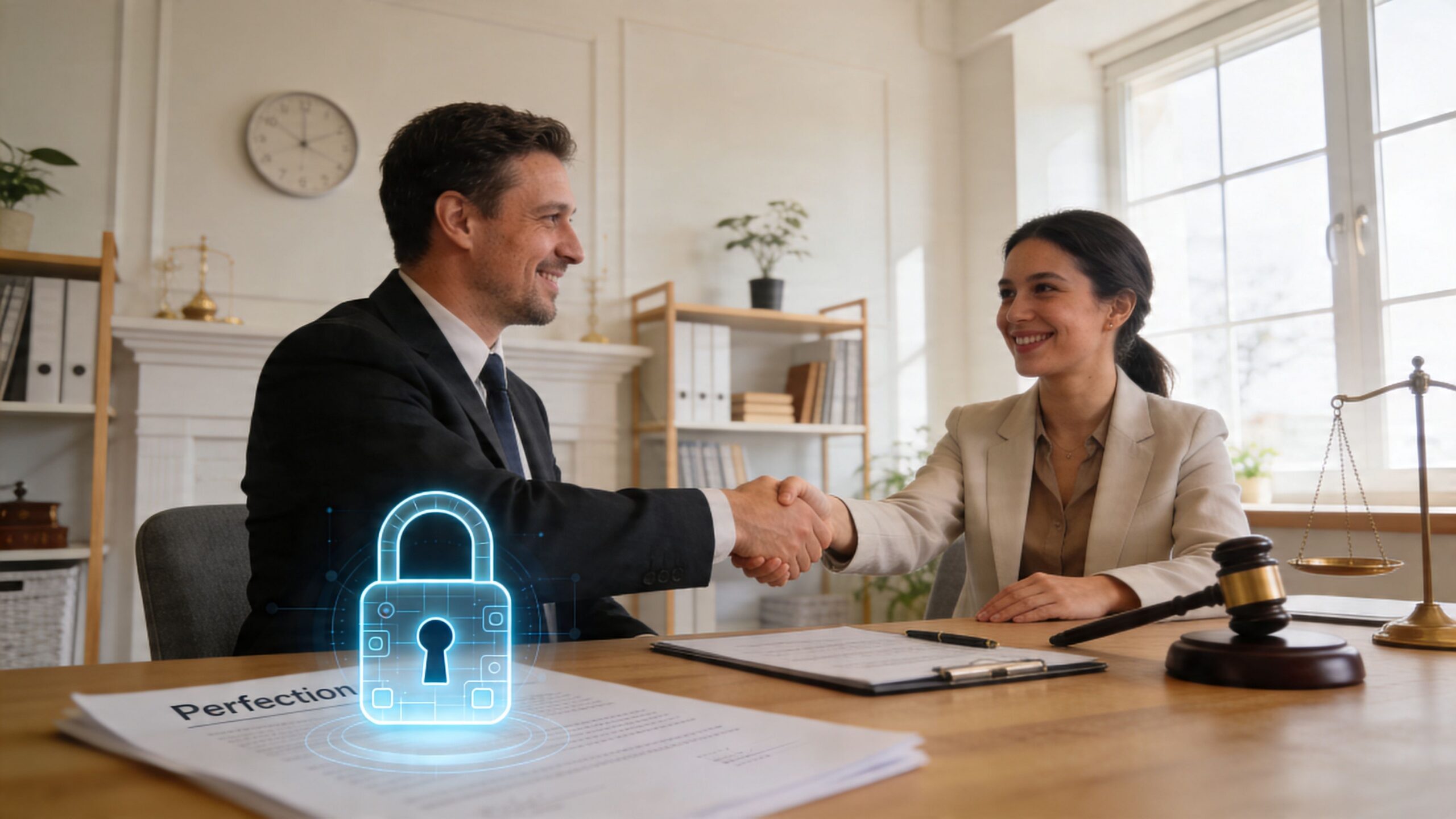 Un abogado de negocios y una abogada dándose la mano sobre un contrato con candado digital brillante.