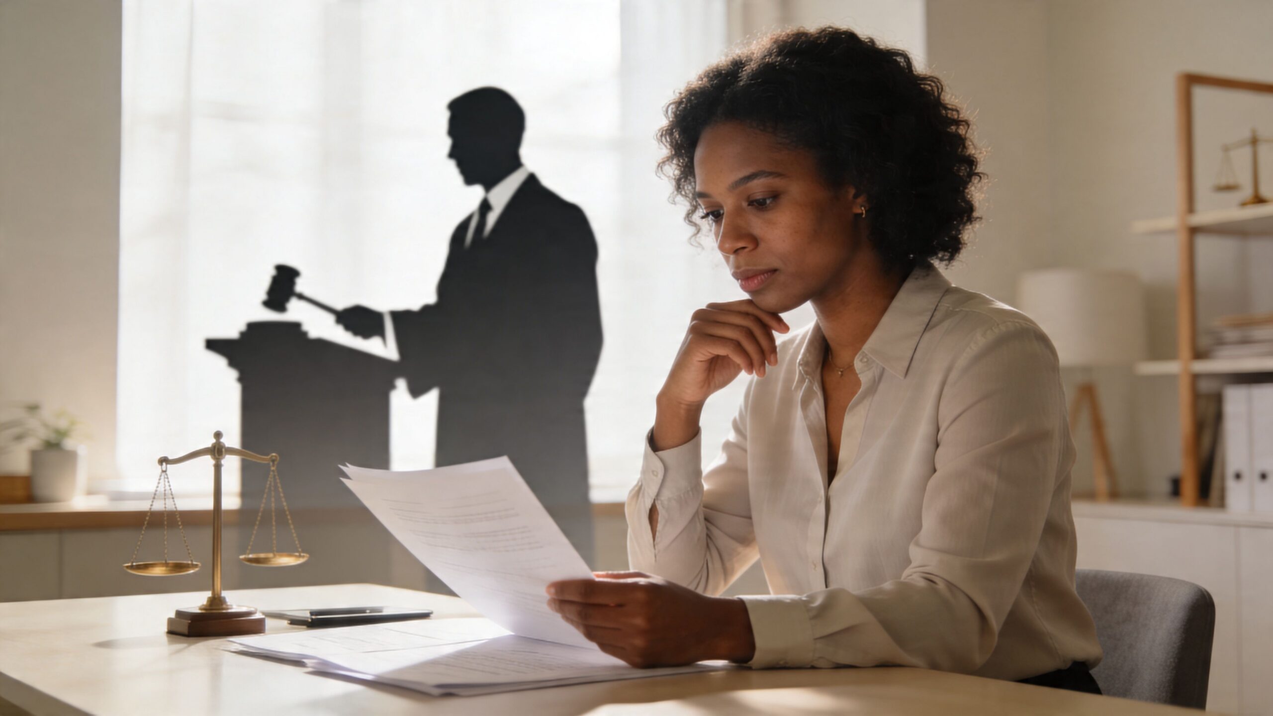 Una abogada de negocios revisa documentos legales en su escritorio junto a una balanza de justicia dorada.