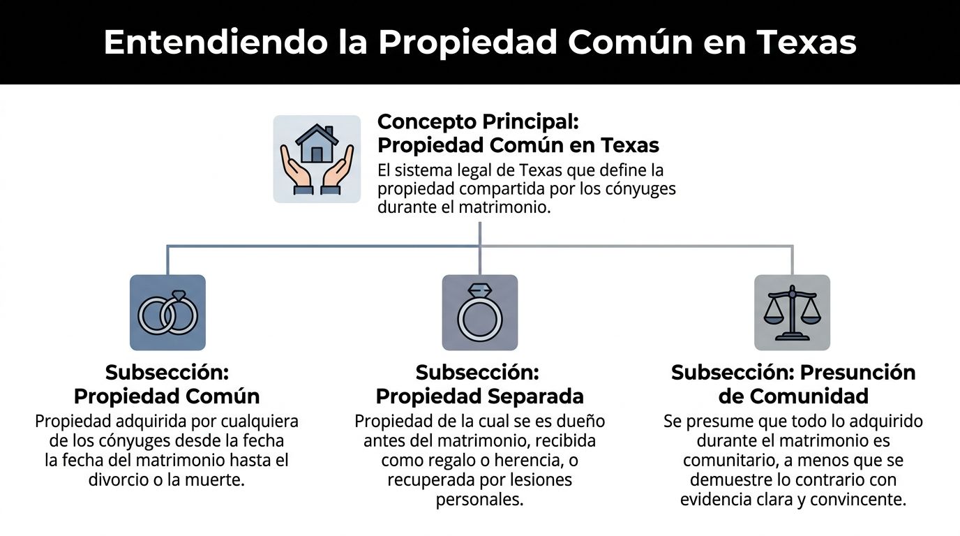 Infografía sobre el sistema de propiedad común en Texas que explica conceptos de bienes conyugales y separados.