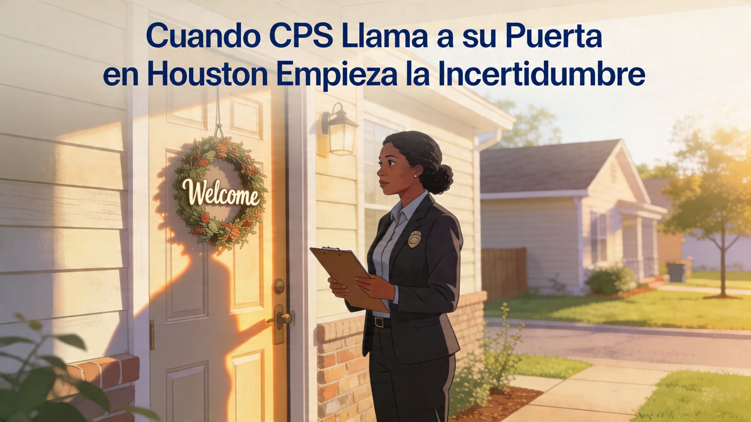 Una investigadora de servicios de protección infantil parada ante una puerta en Houston durante un día soleado.