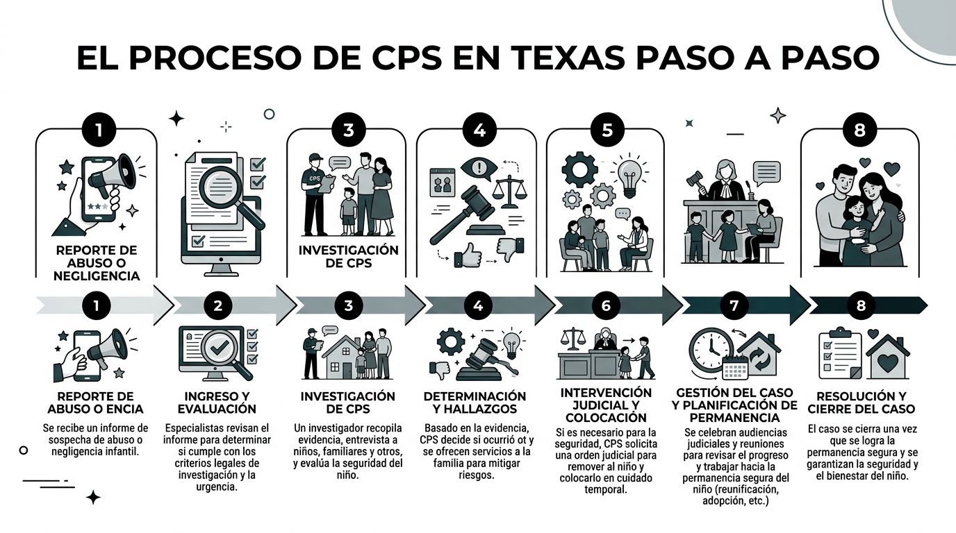 Infografía paso a paso que explica el proceso legal de los servicios de protección infantil en Texas.