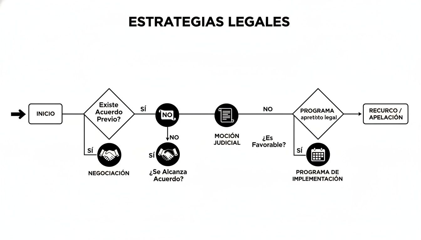 Diagrama de flujo de estrategias legales: inicio, negociación, moción judicial, programa de implementación y apelación.