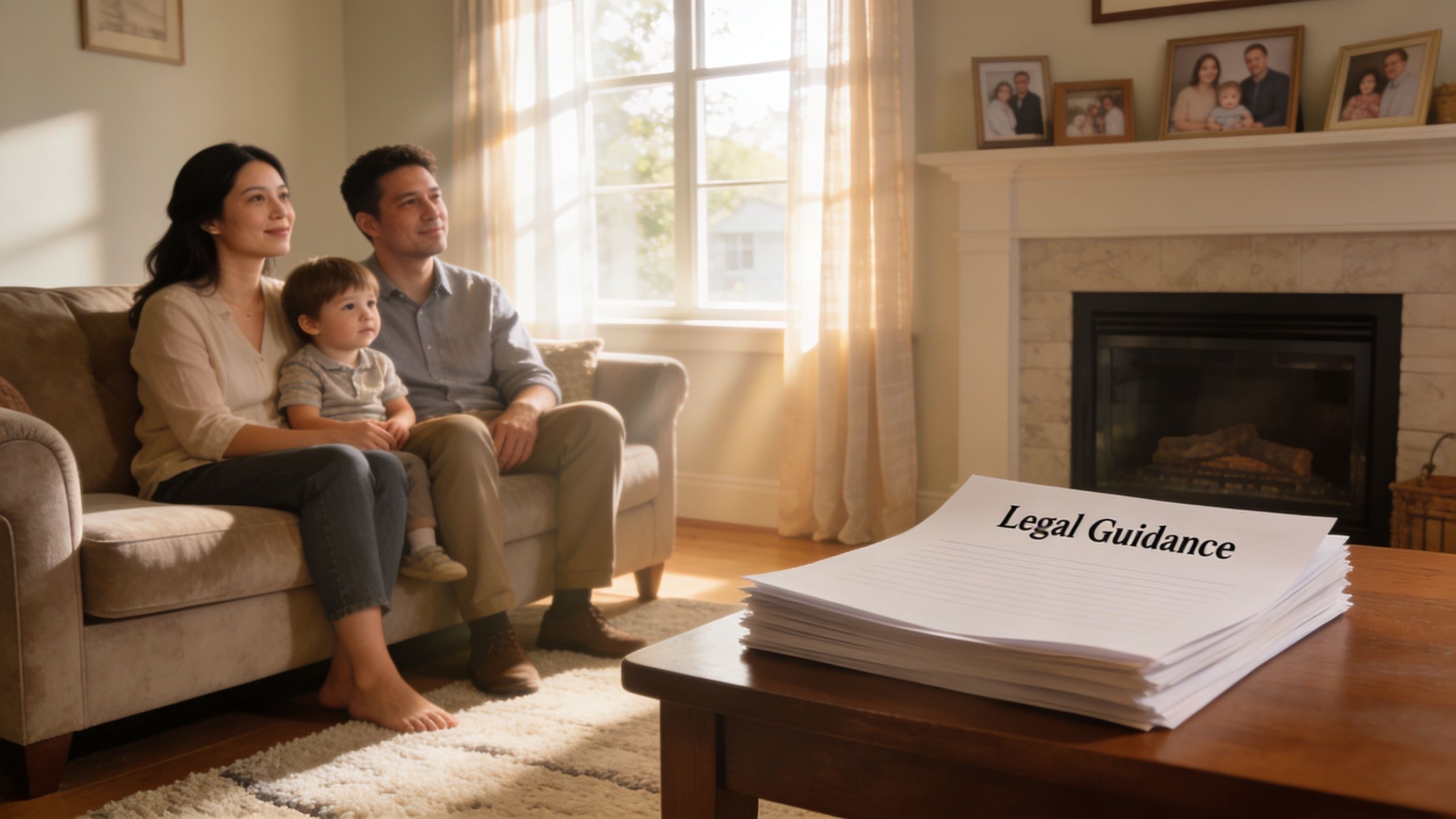 Una familia joven sentada en su sofá mirando hacia adelante junto a una pila de documentos legales