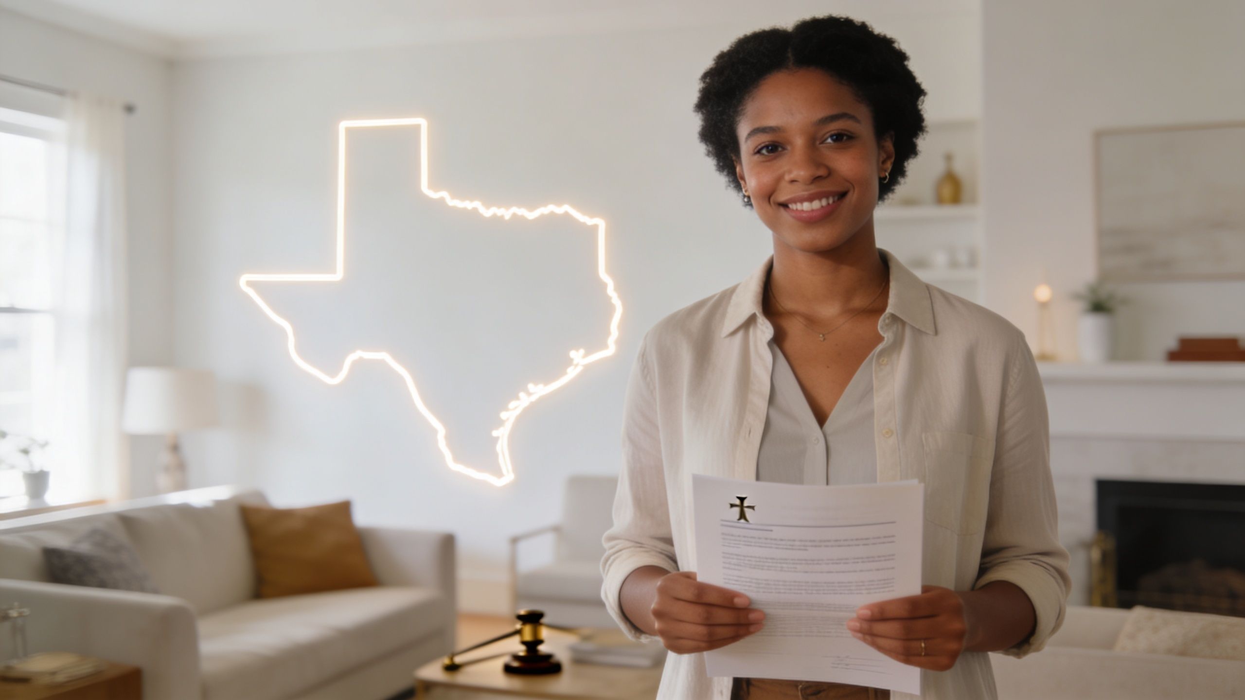 Una mujer sonriente sostiene un documento legal frente a un contorno brillante del estado de Texas.