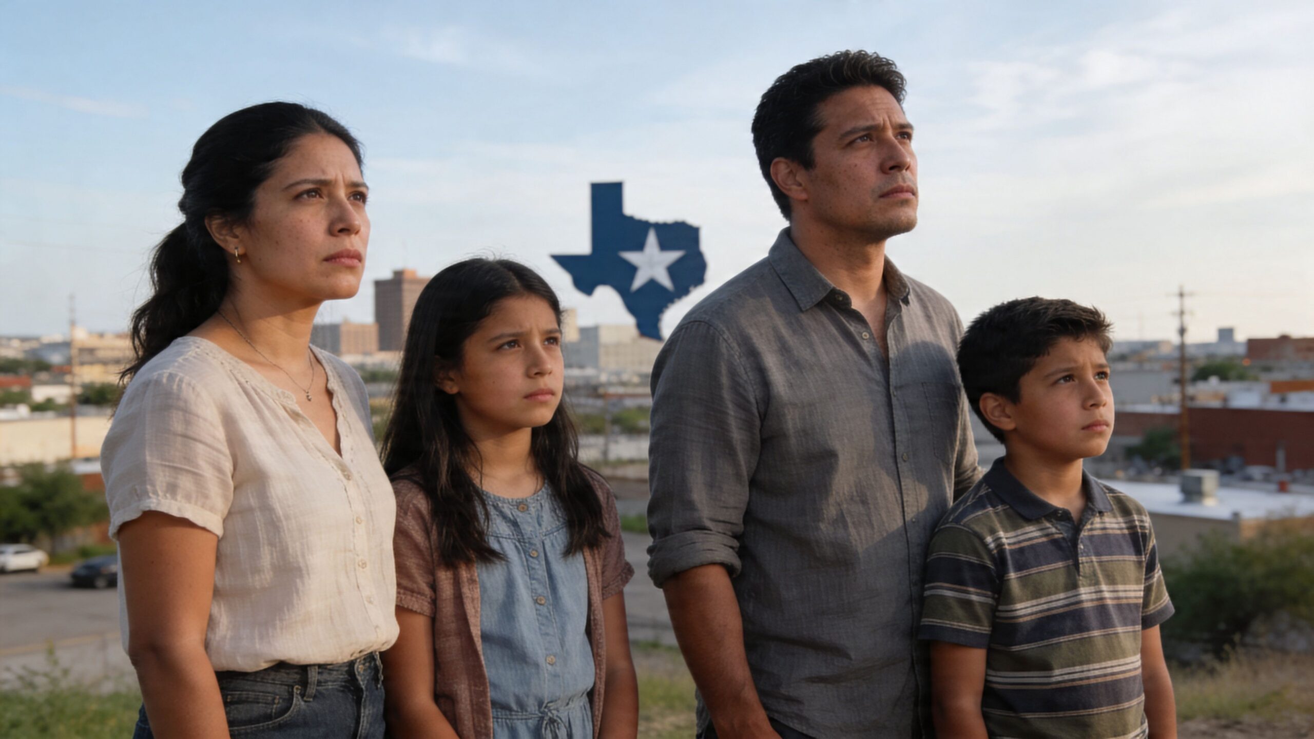 Una familia hispana observa el horizonte con esperanza frente al contorno del estado de Texas.
