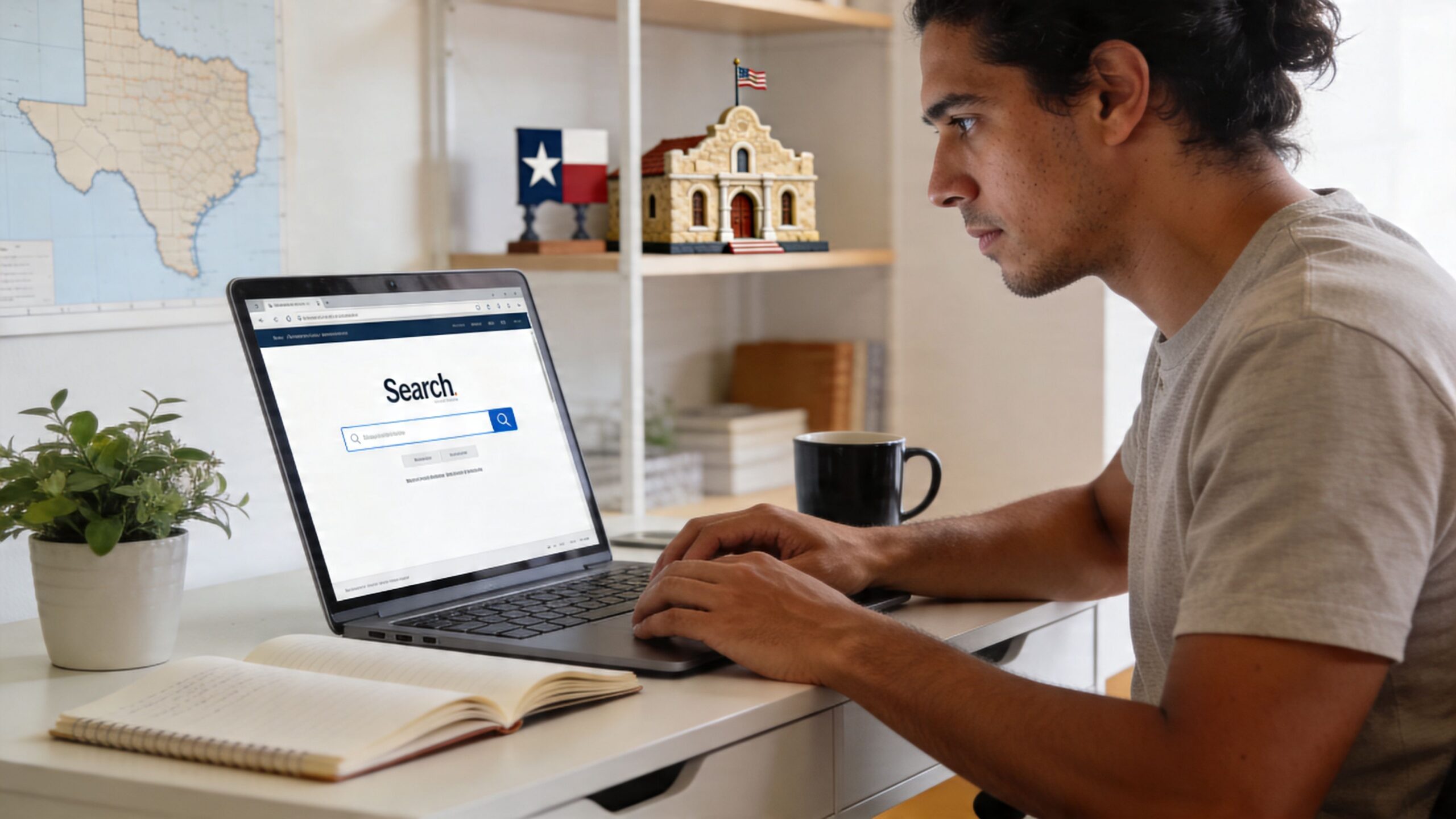 Un hombre joven busca información legal en una computadora portátil sentado en su escritorio de estudio.