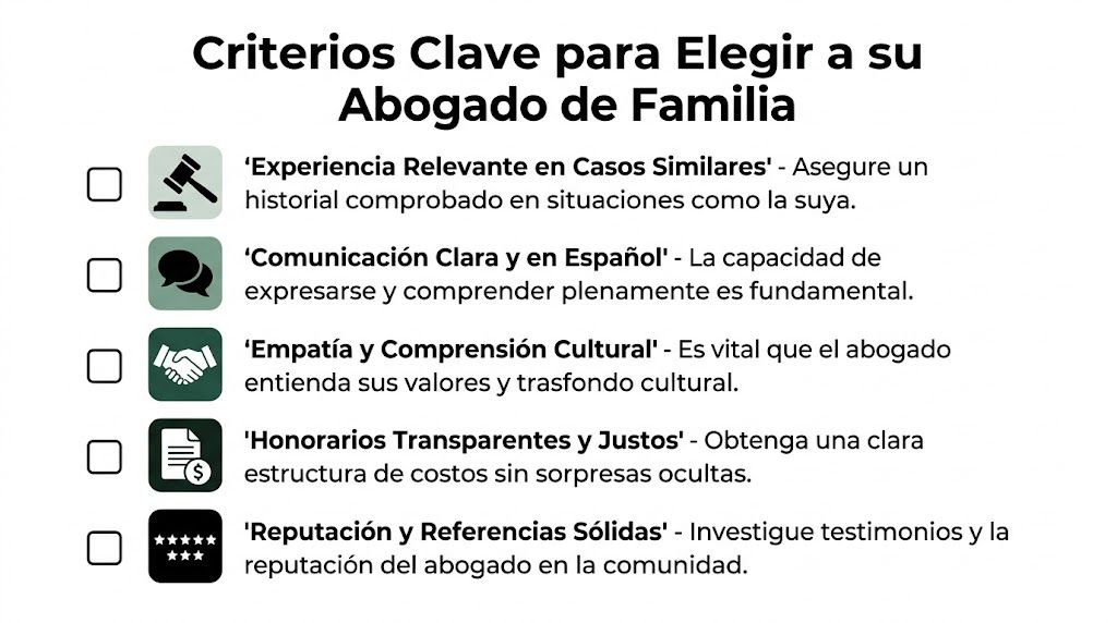 Lista de verificación con cinco criterios clave en español para seleccionar un abogado de familia profesional.