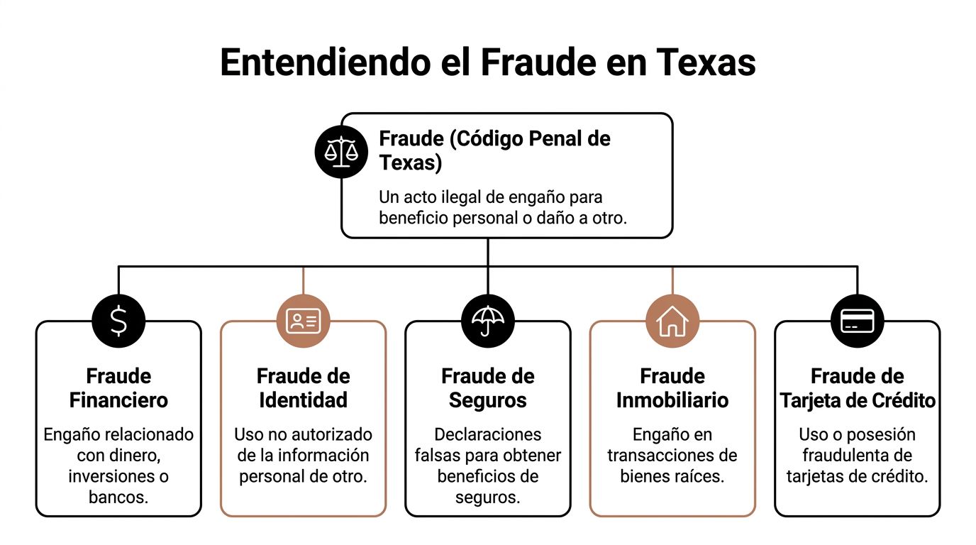 Diagrama explicativo sobre los diferentes tipos de fraude bajo el Código Penal del estado de Texas.