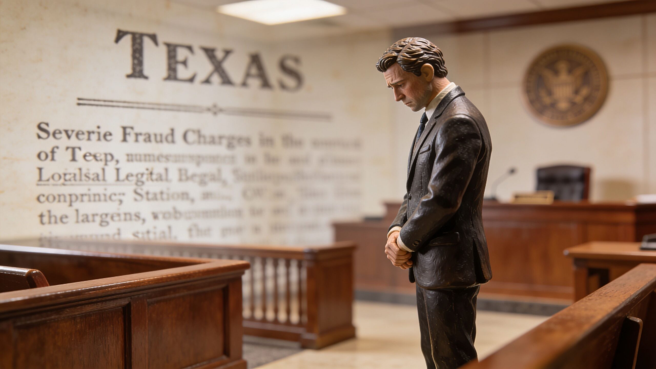 Una estatuilla de un hombre con traje parado dentro de una sala de tribunal en Texas.
