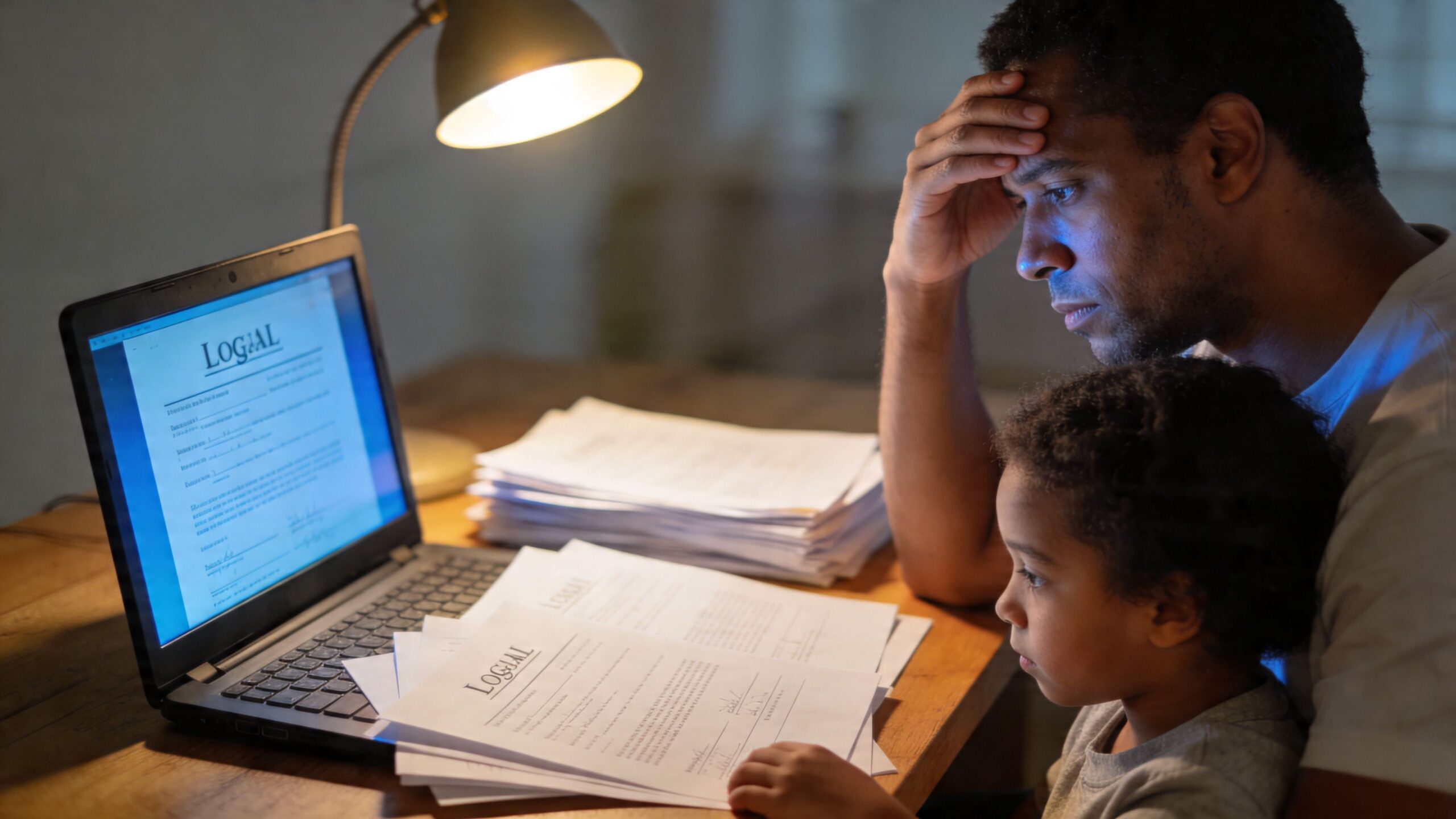 Un padre preocupado revisa documentos legales en su computadora con su hijo pequeño a su lado.