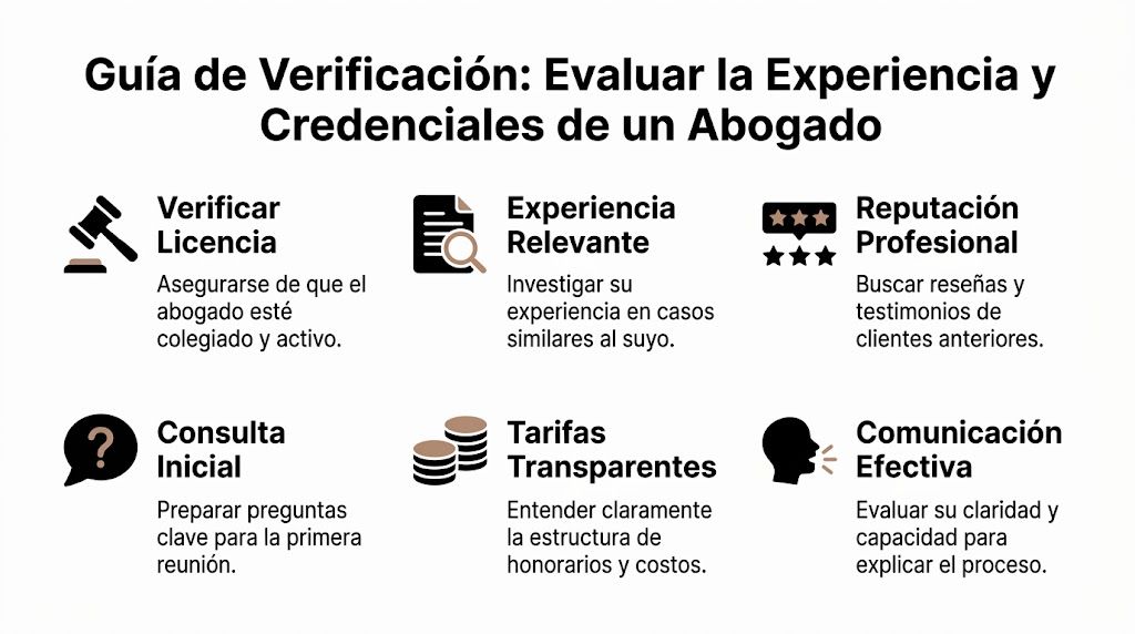 Guía visual con pasos esenciales para verificar la experiencia y las credenciales de un abogado profesional.