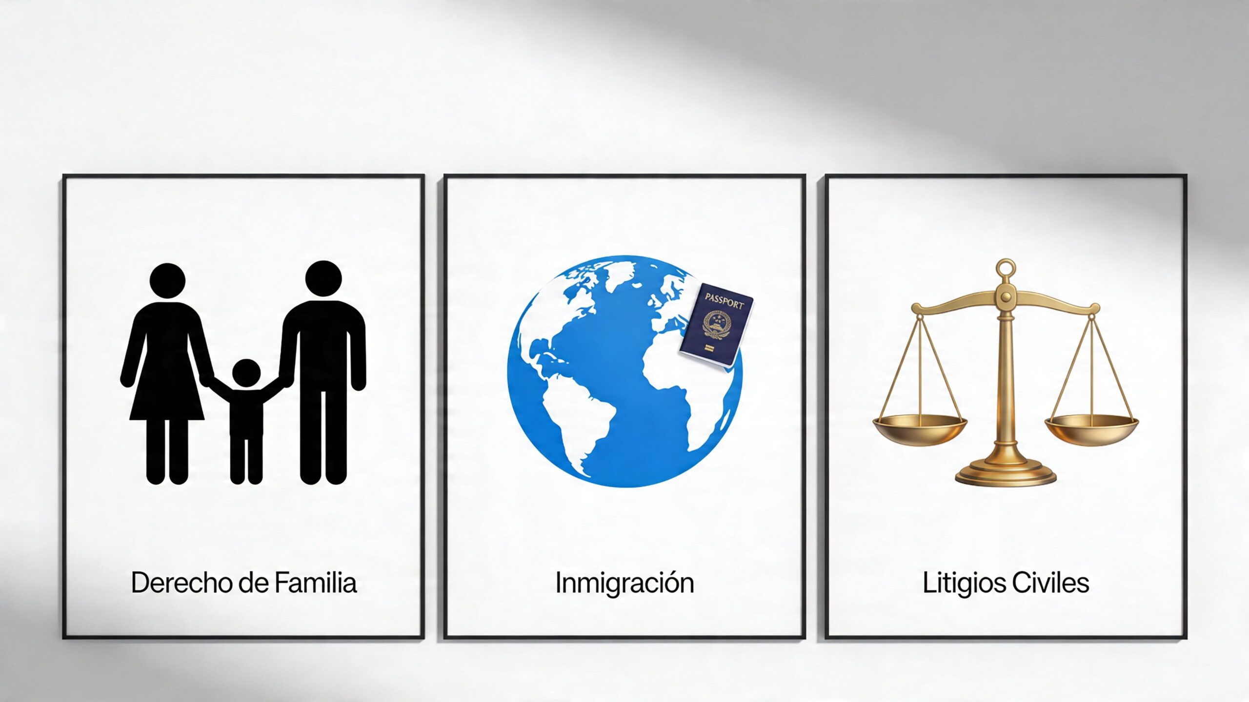 Tres marcos que muestran iconos de derecho de familia, inmigración y litigios civiles en una pared blanca.