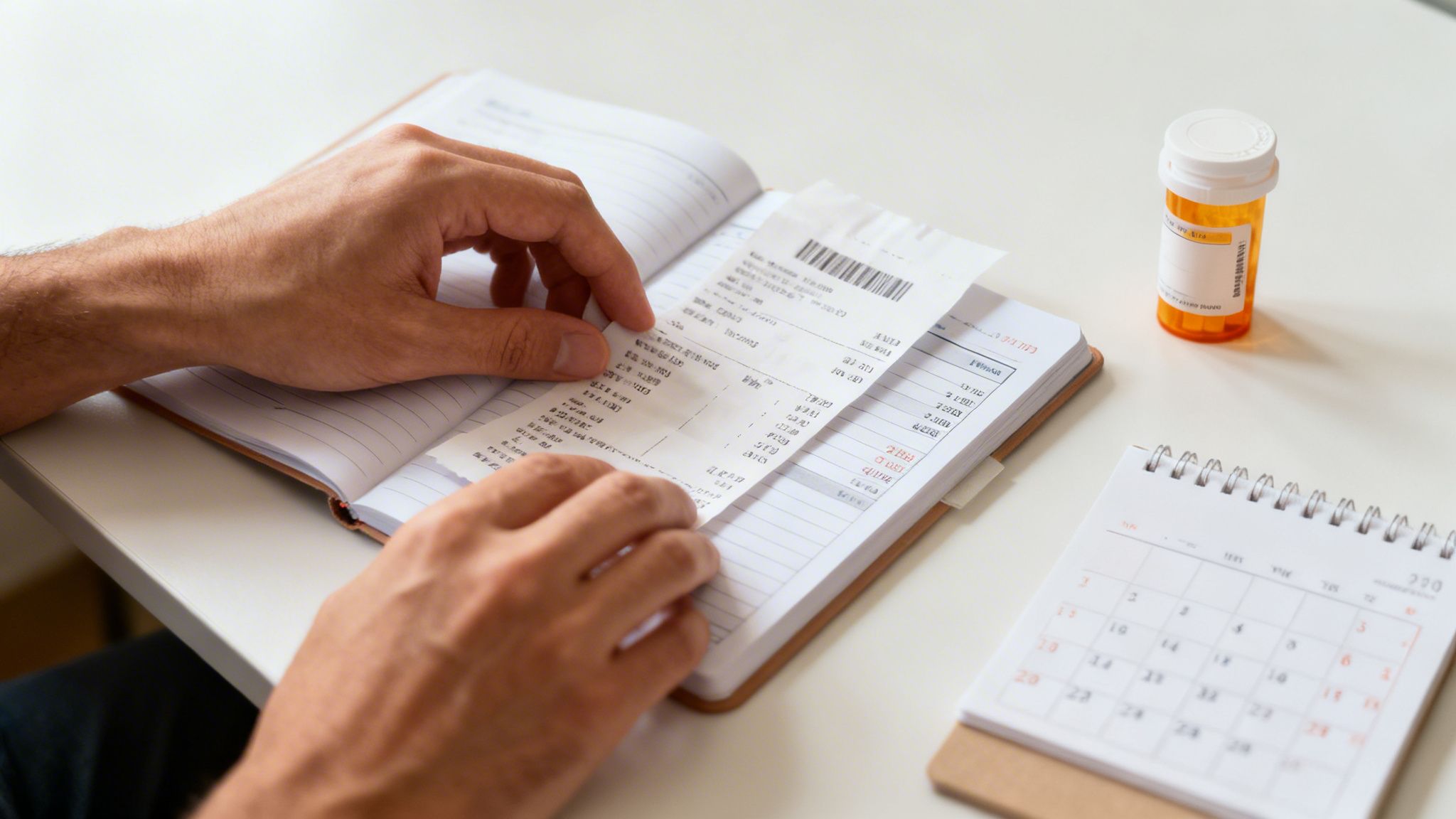 Manos revisando un recibo y un cuaderno, con un frasco de pastillas y un calendario en un escritorio.
