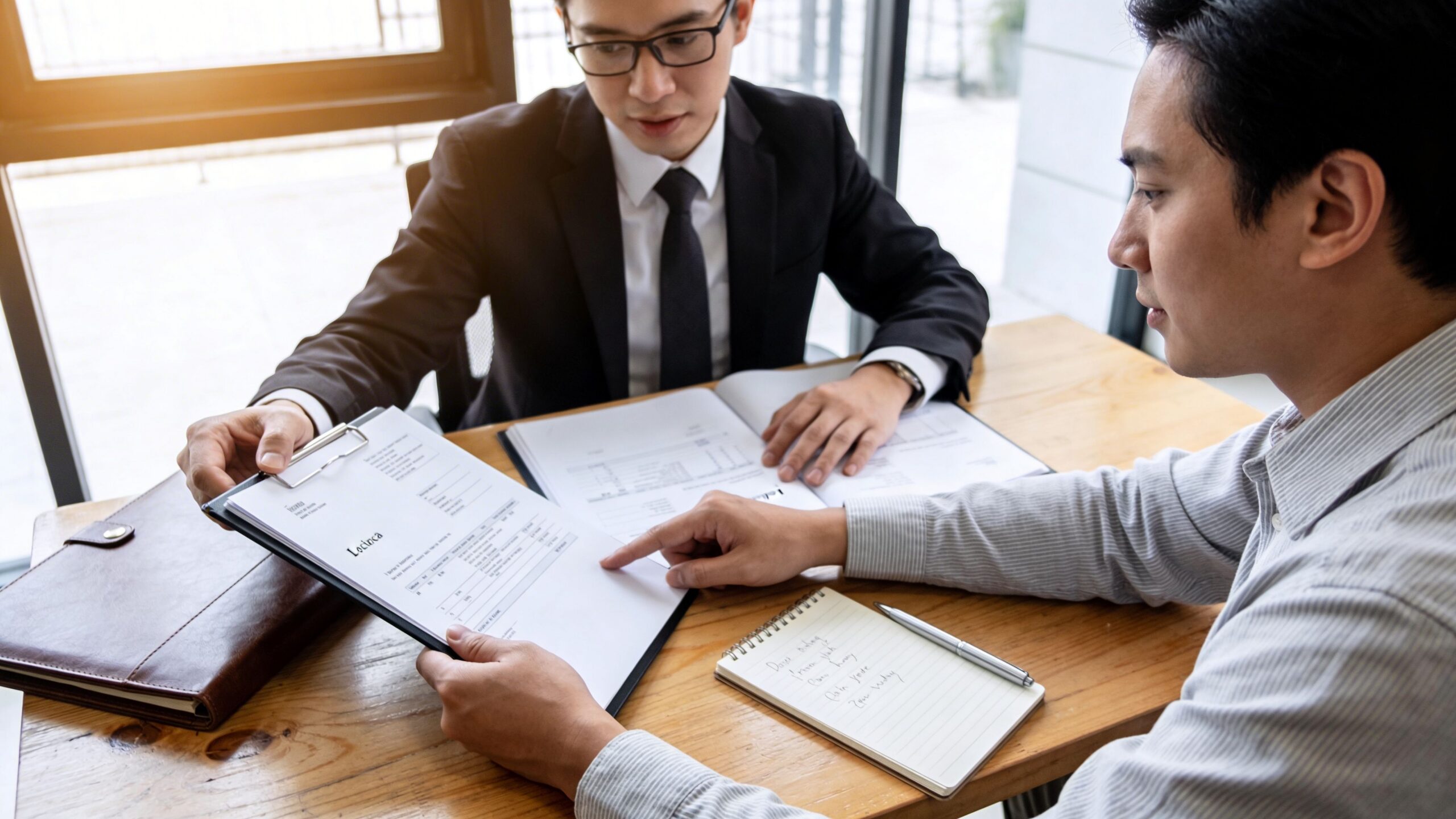 Dos hombres profesionales revisando documentos legales importantes juntos durante una reunión de negocios en la oficina