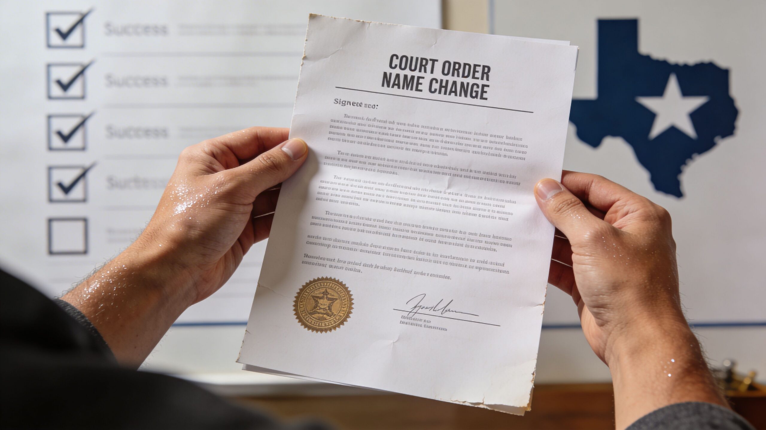 Una persona sostiene un documento oficial de cambio de nombre legal frente a un mapa de Texas.