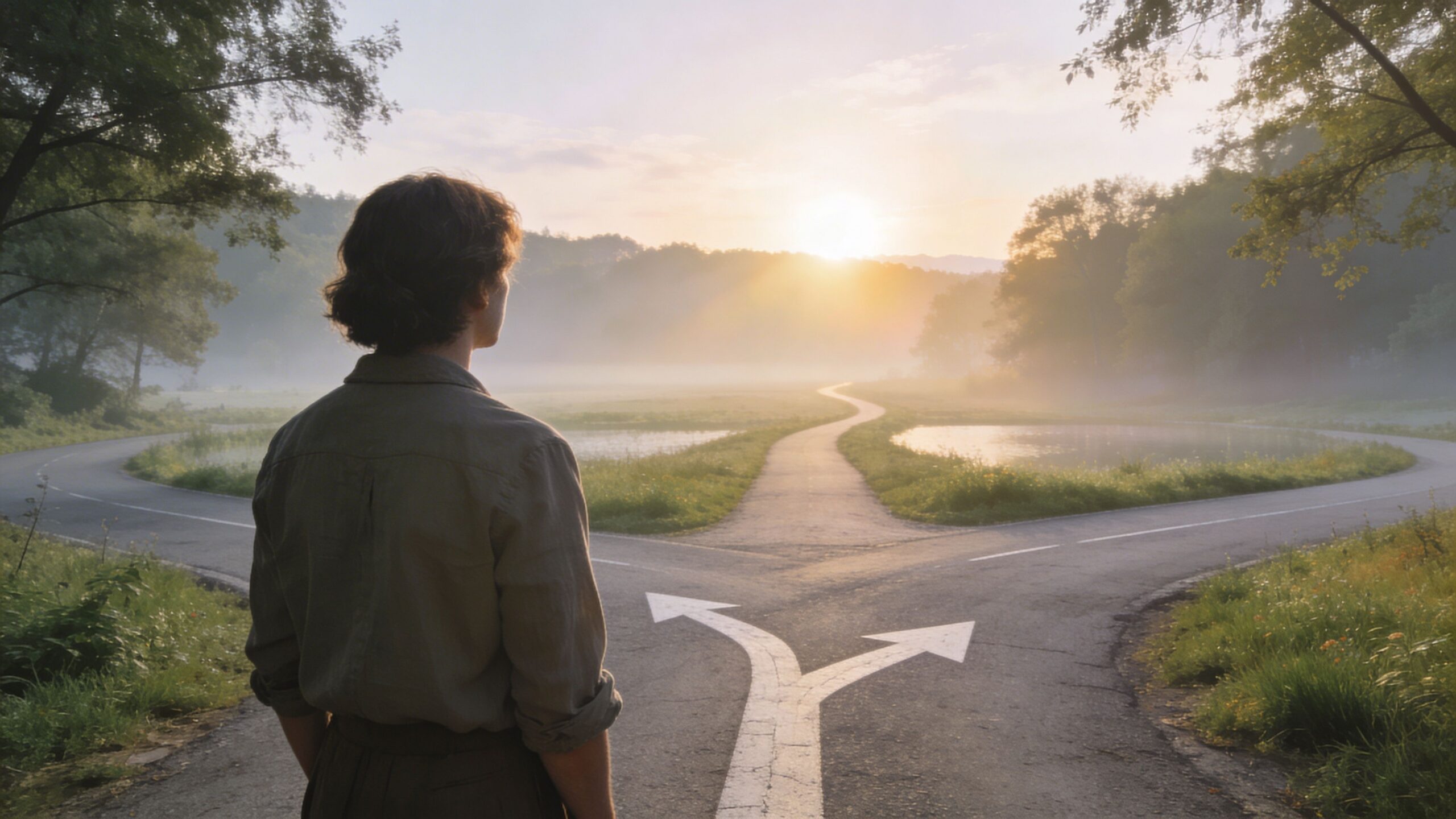 Una persona de espaldas mirando un camino que se divide en tres direcciones distintas al amanecer.