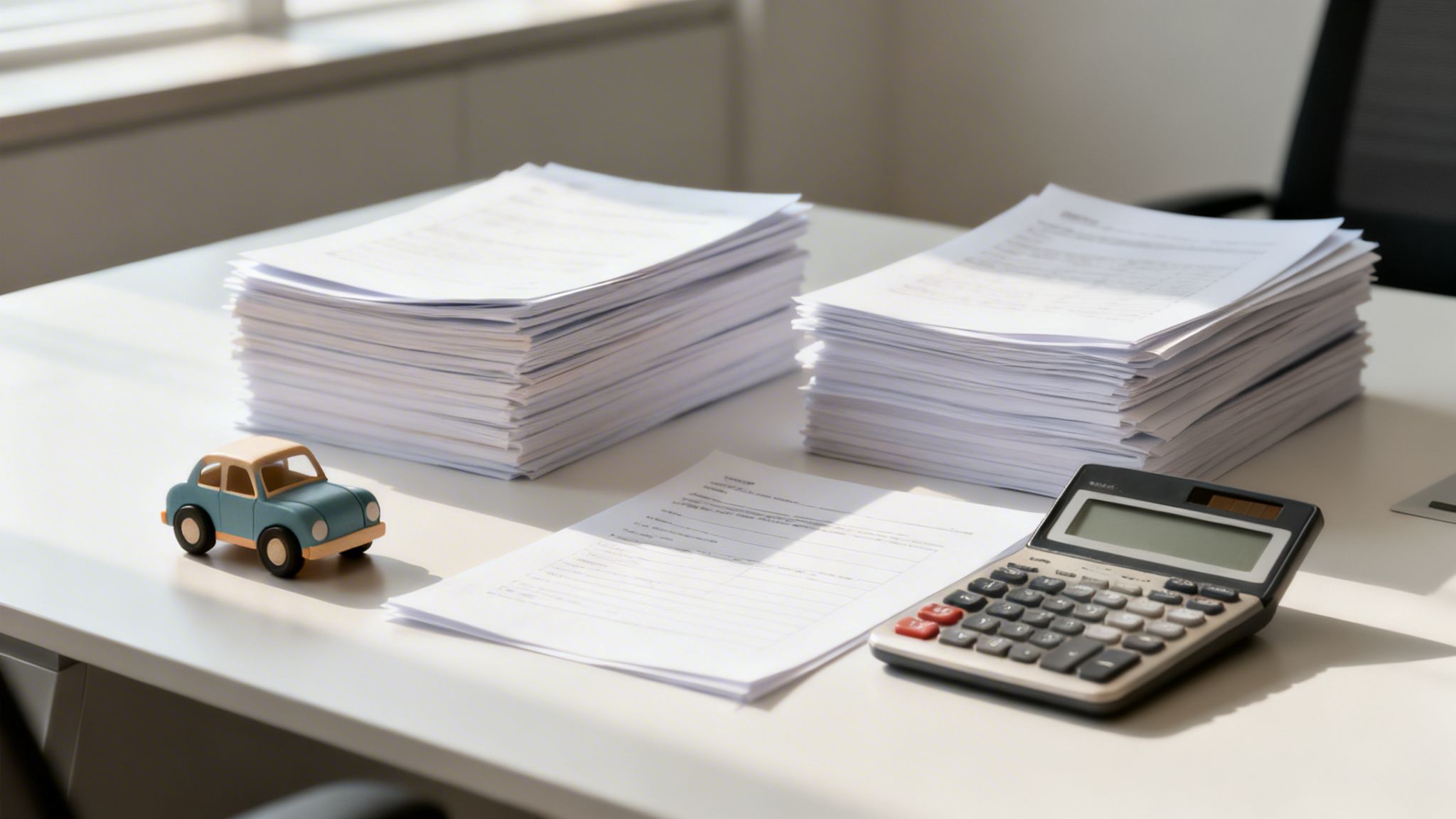 Documentos, calculadora y un coche de juguete en un escritorio soleado, simbolizando finanzas automotrices.