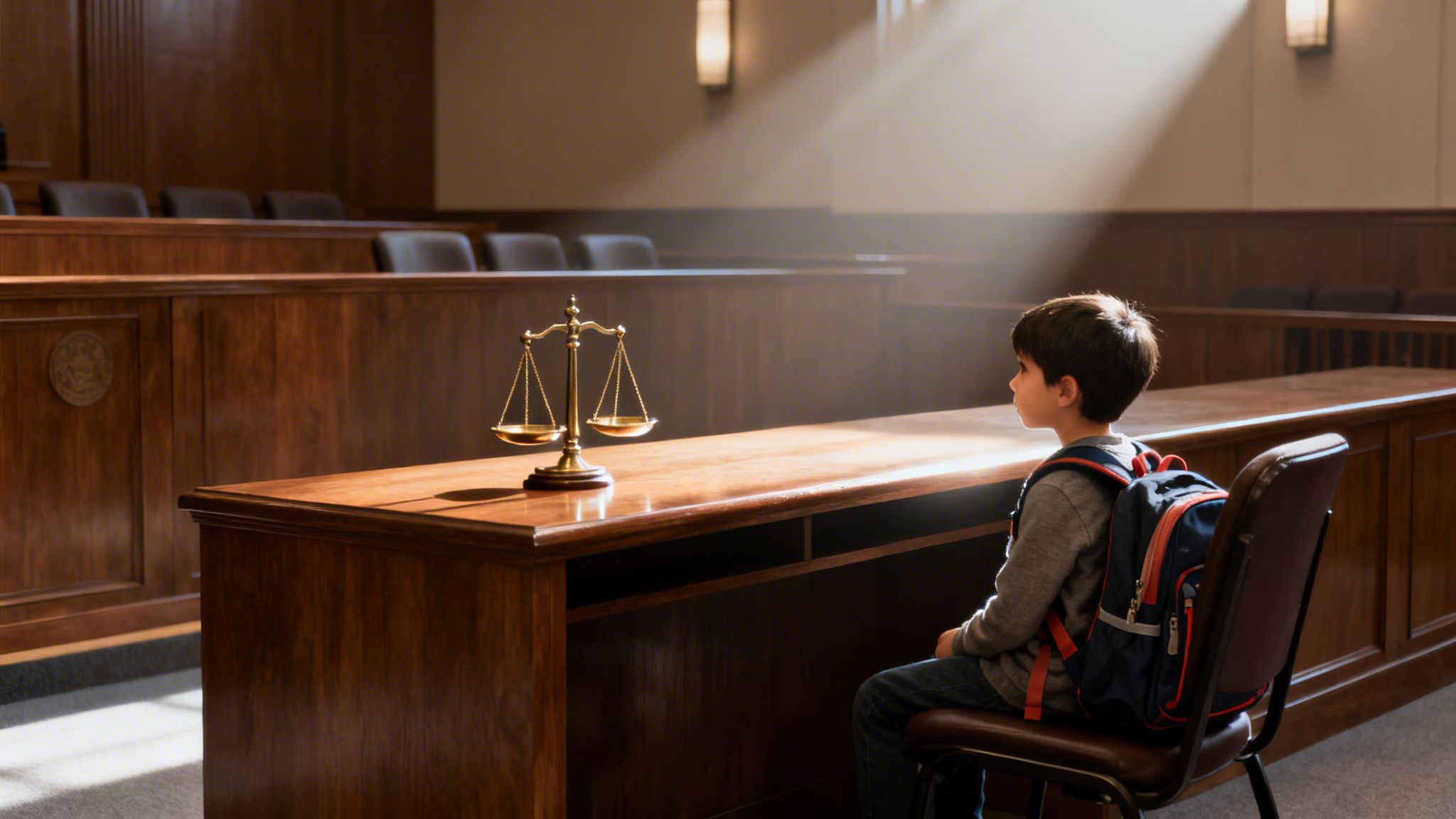 Un niño con mochila se sienta solo en un tribunal, junto a una balanza de la justicia, bañado por la luz del sol.