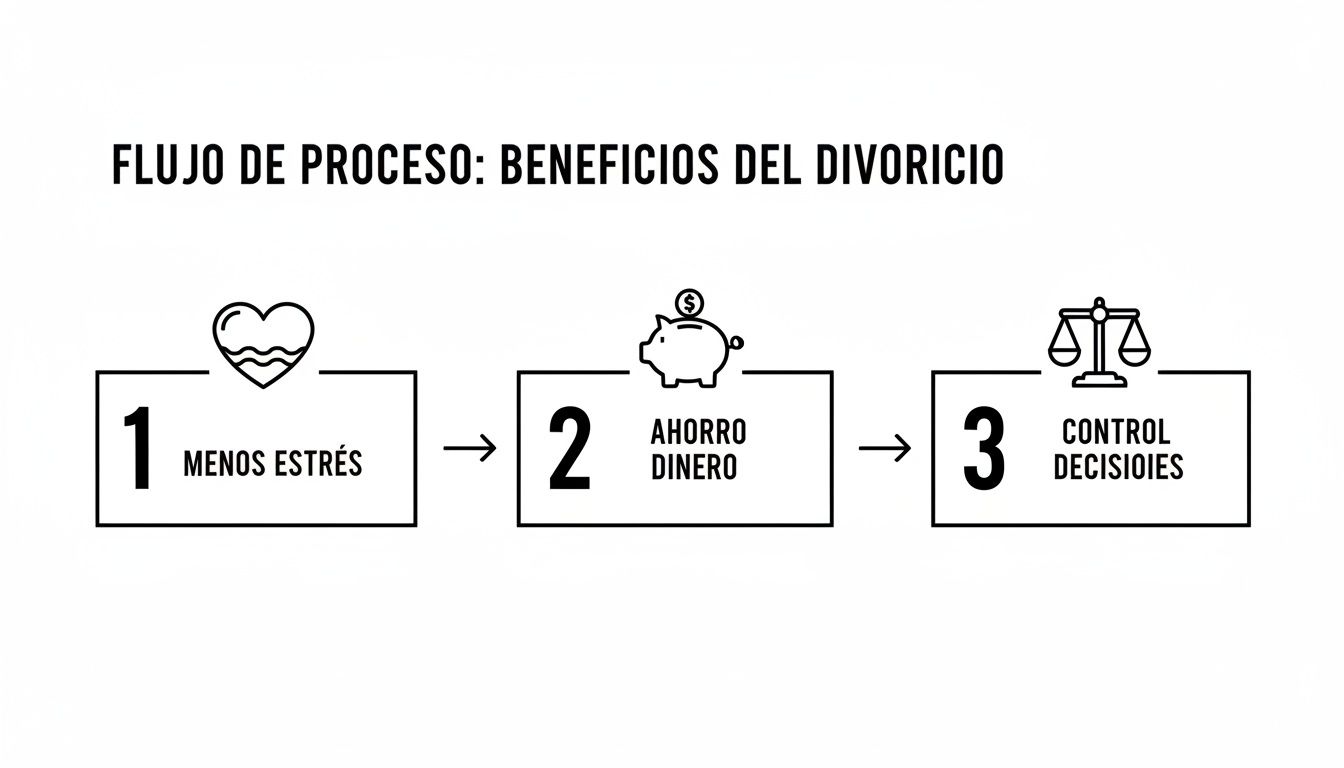 Diagrama de flujo que muestra los tres beneficios del divorcio: menos estrés, ahorro de dinero y control de decisiones.