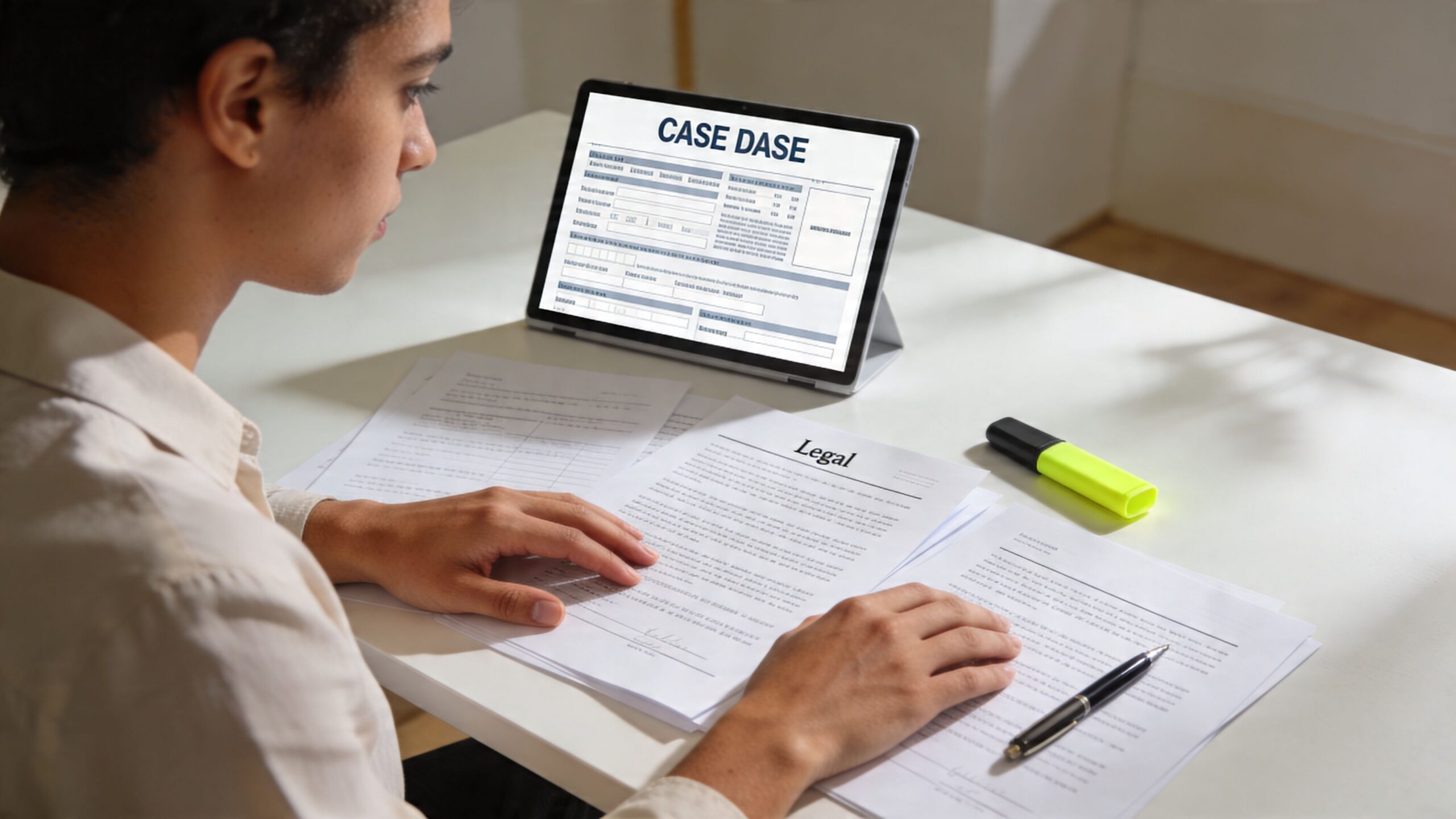 Una persona revisa documentos legales importantes junto a una tableta digital sobre un escritorio blanco bien iluminado.