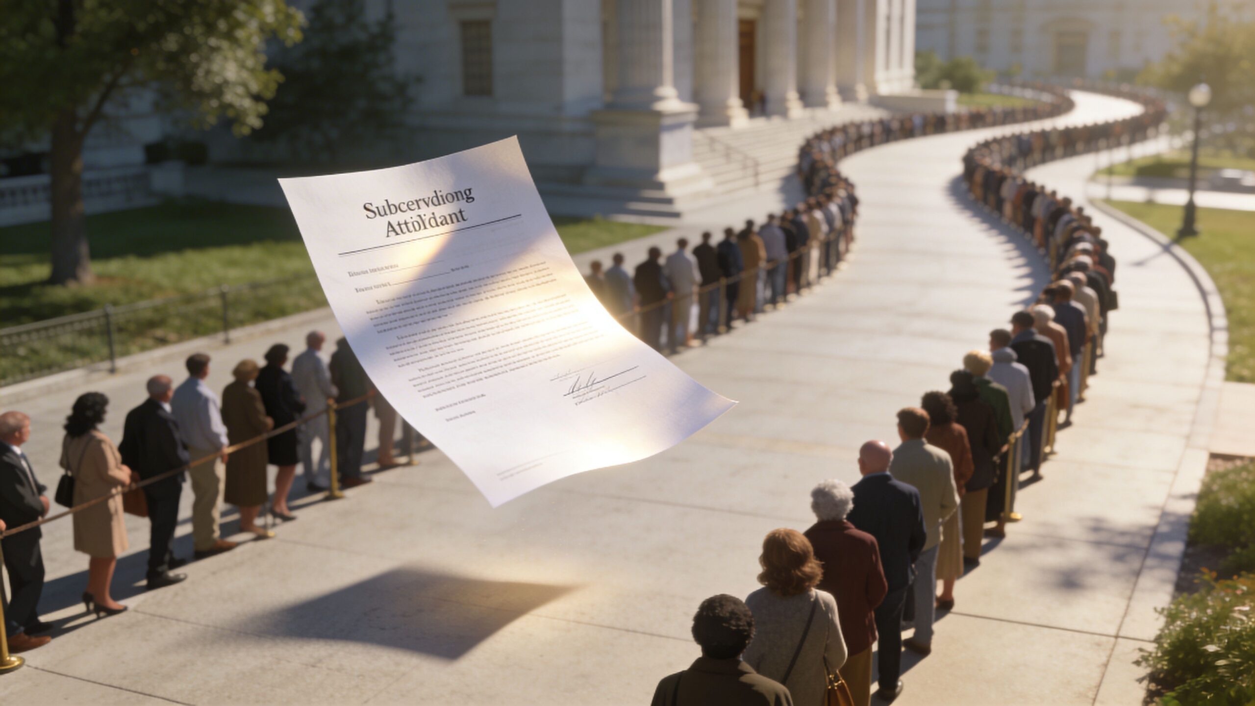 Una fila de personas esperando frente a un edificio gubernamental con un documento legal flotando en primer plano