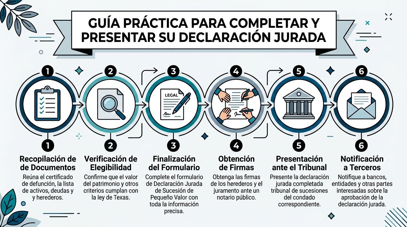 Infografía paso a paso para completar y presentar una declaración jurada de sucesión de pequeño valor en Texas.