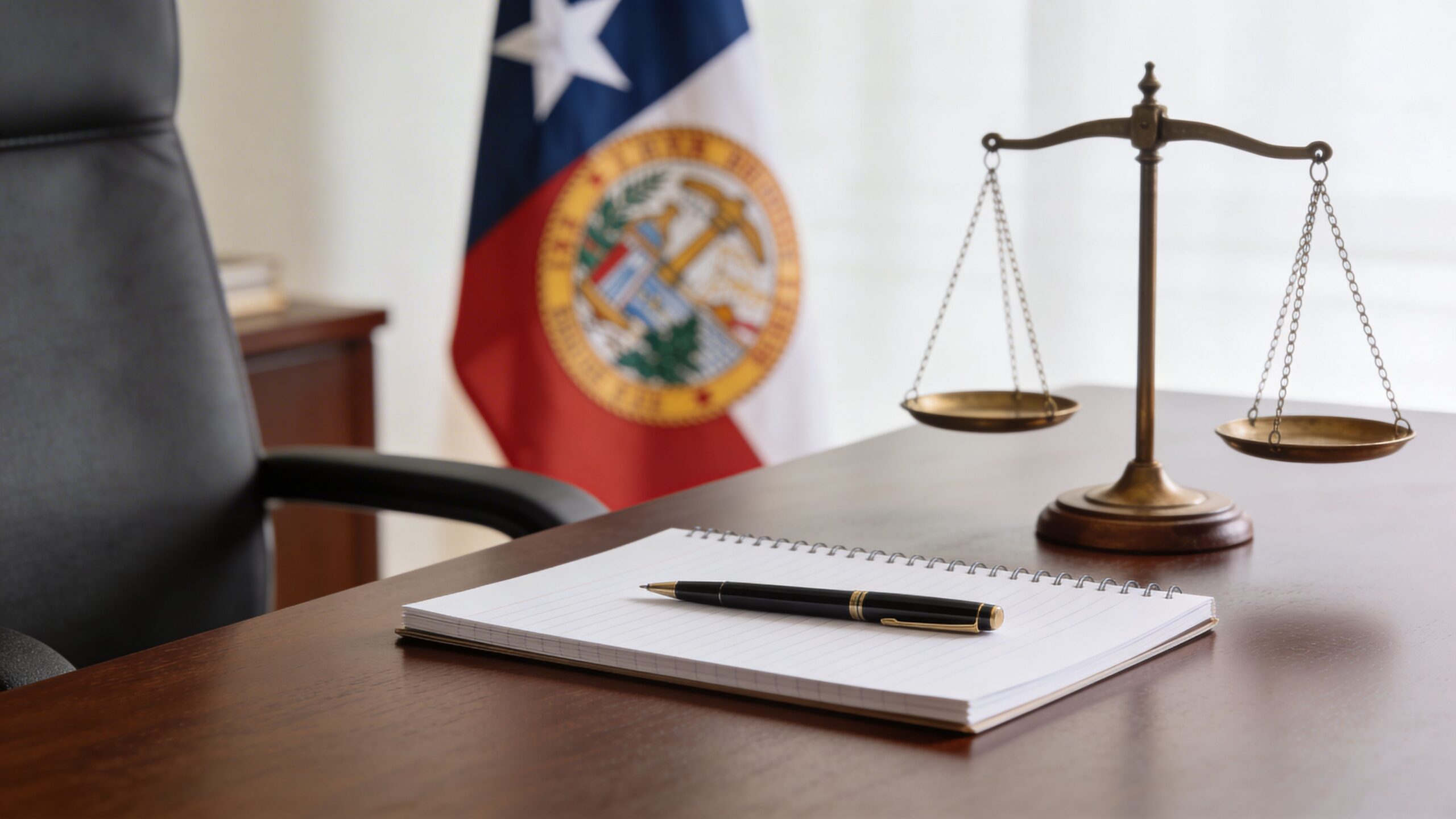 Una oficina legal con una bandera de Texas, una balanza de la justicia y un cuaderno sobre escritorio.