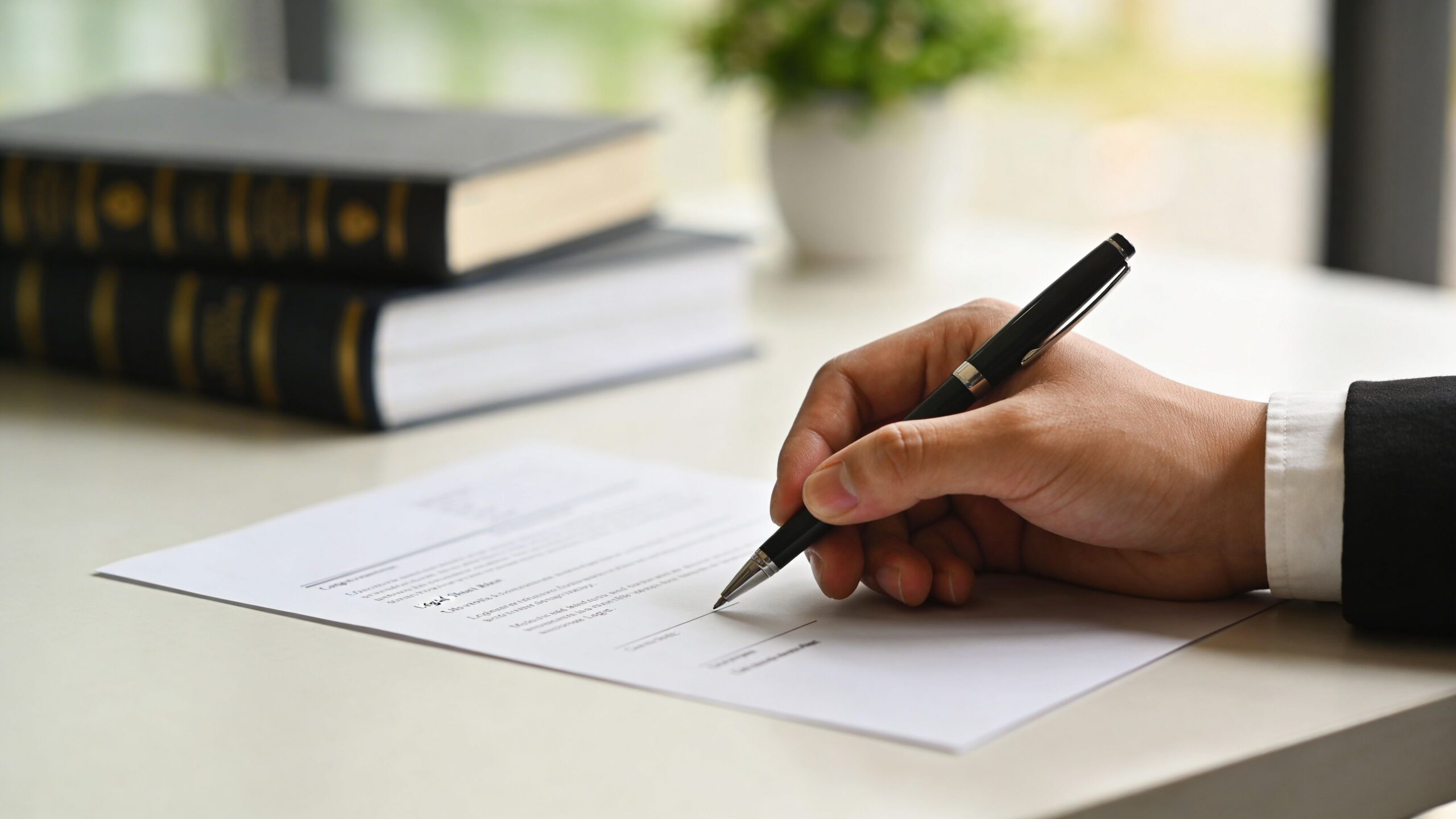 Una mano firmando un documento legal importante sobre un escritorio frente a varios libros de derecho.