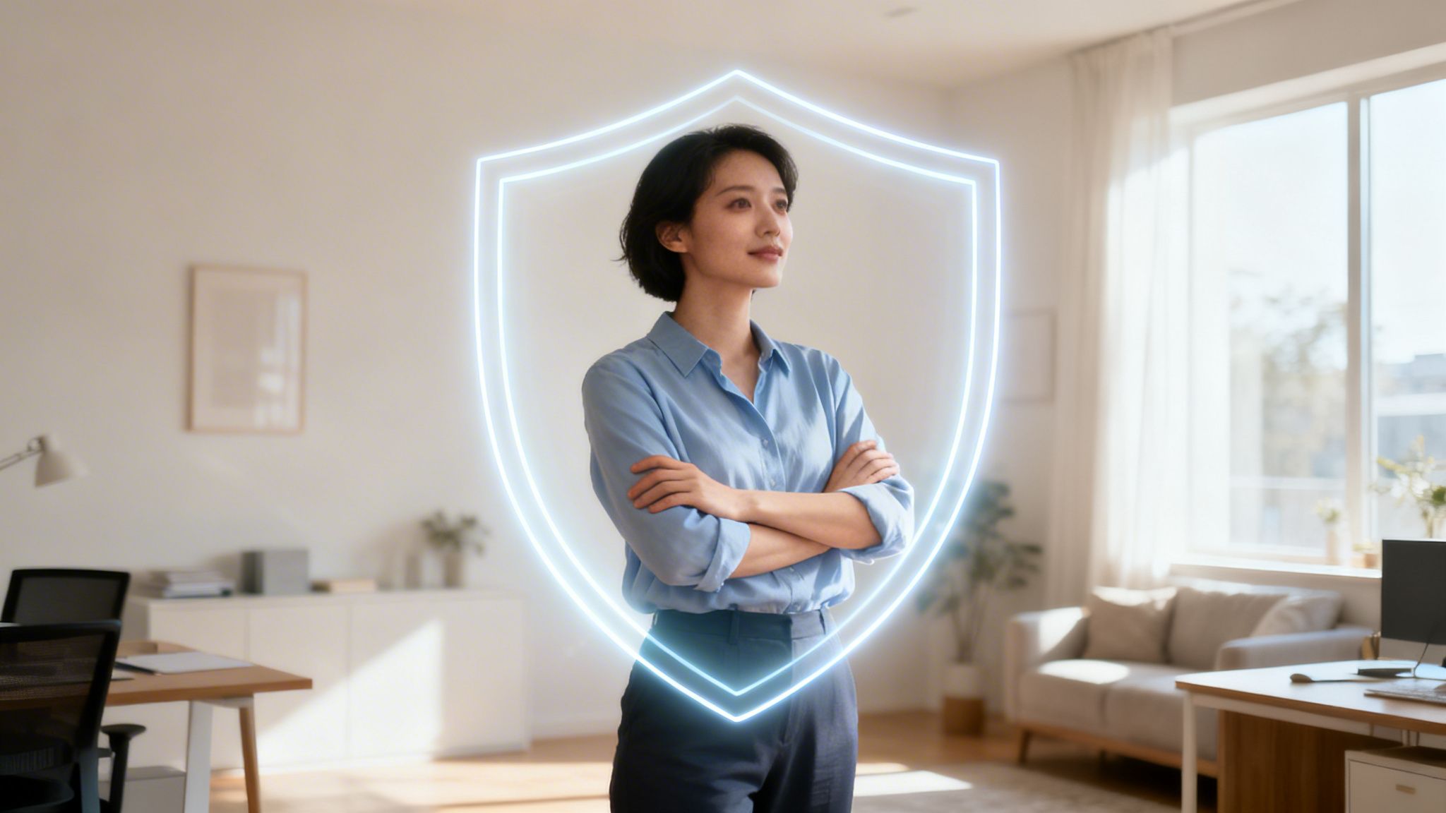 Una mujer profesional de negocios de pie con un escudo digital protector brillante que simboliza la seguridad financiera.
