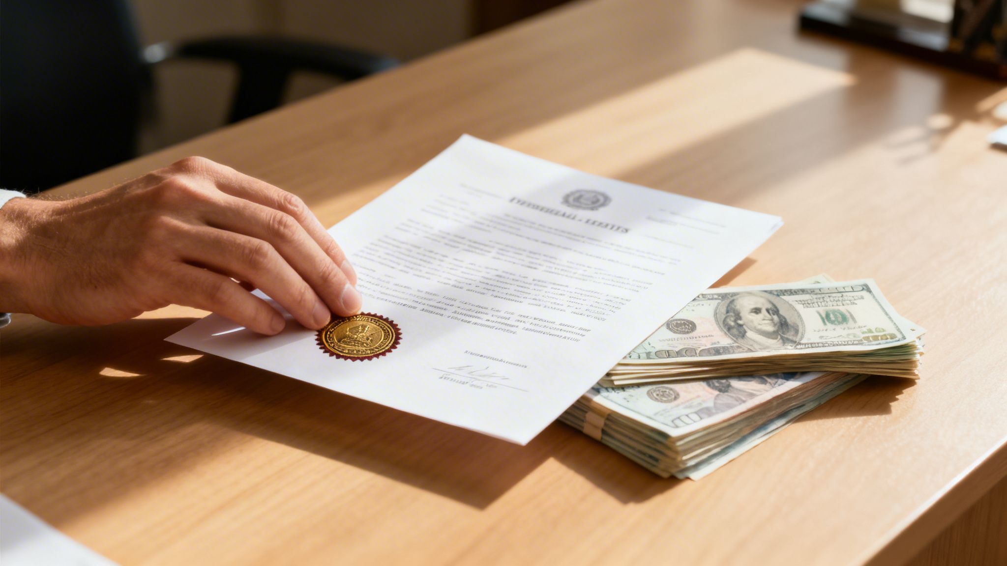 Una mano sosteniendo un documento legal oficial sobre un escritorio junto a un fajo de billetes.