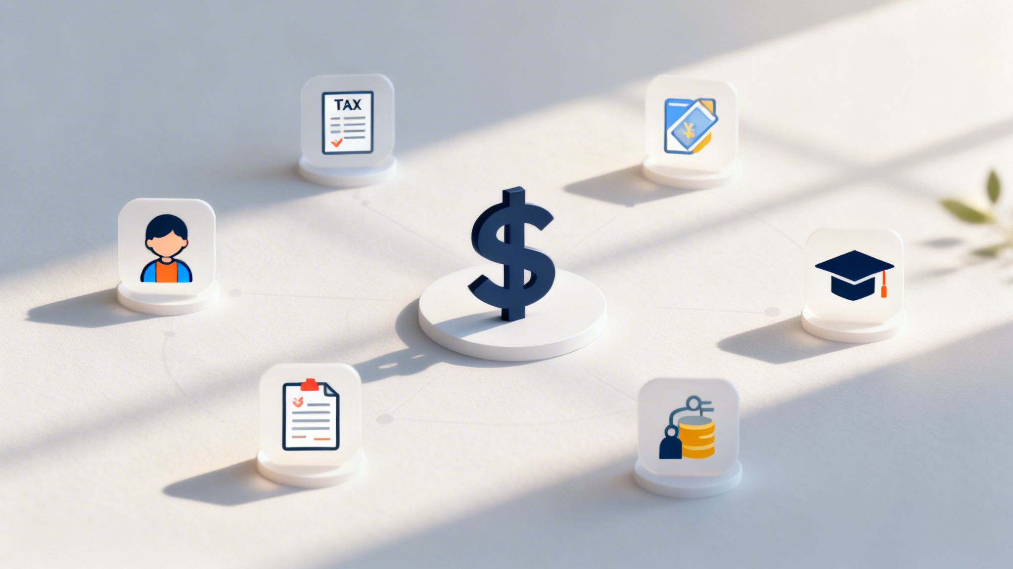 Representación gráfica de elementos financieros conectados a un símbolo de dólar sobre un fondo claro.