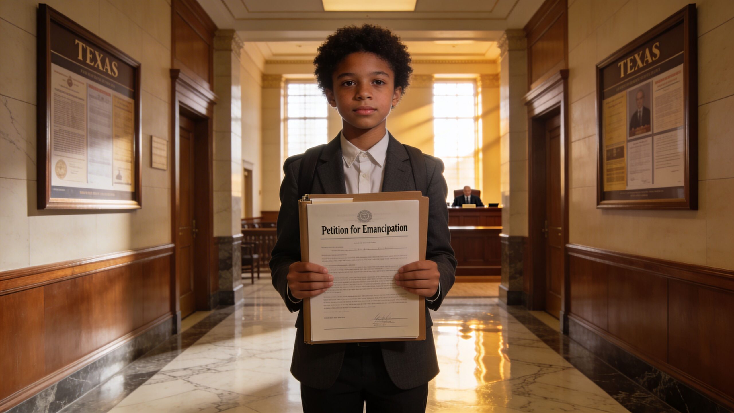 Un niño con traje sostiene una solicitud de emancipación frente a una sala de justicia oficial.