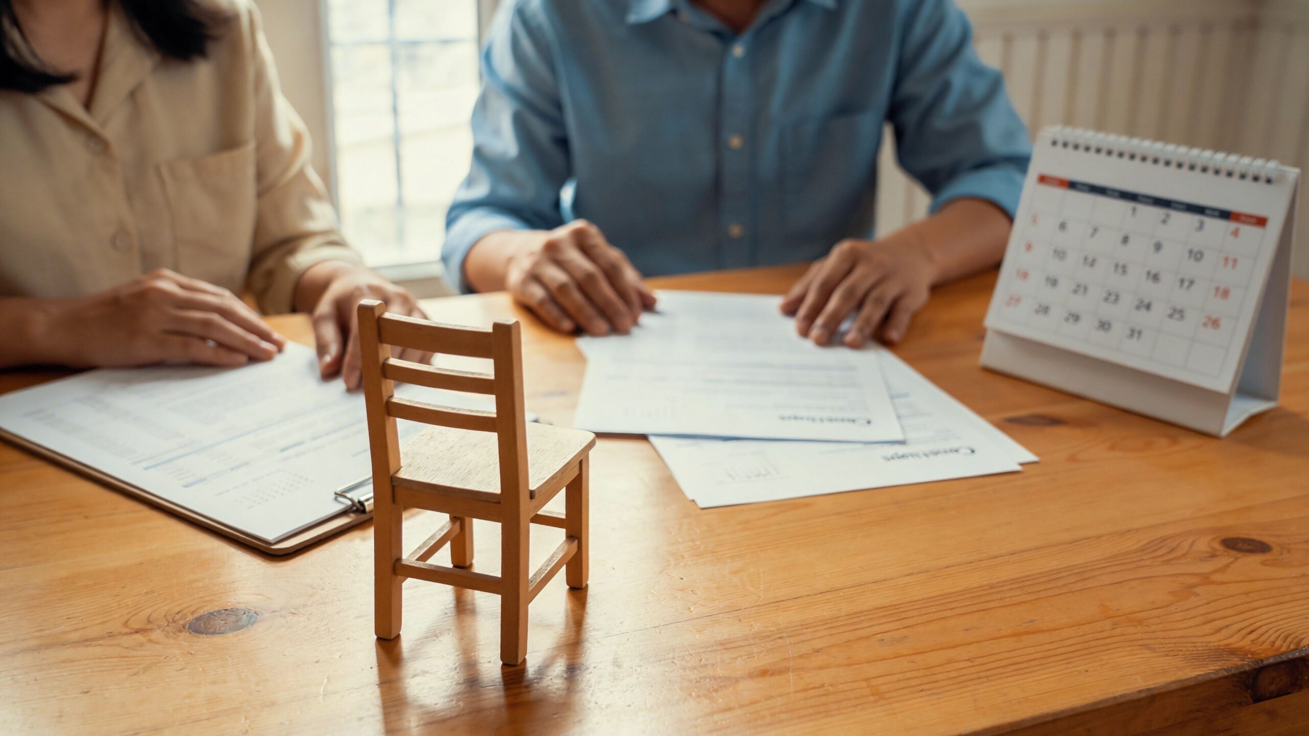 Dos personas revisando documentos financieros y un calendario sobre una mesa con una pequeña silla de madera.