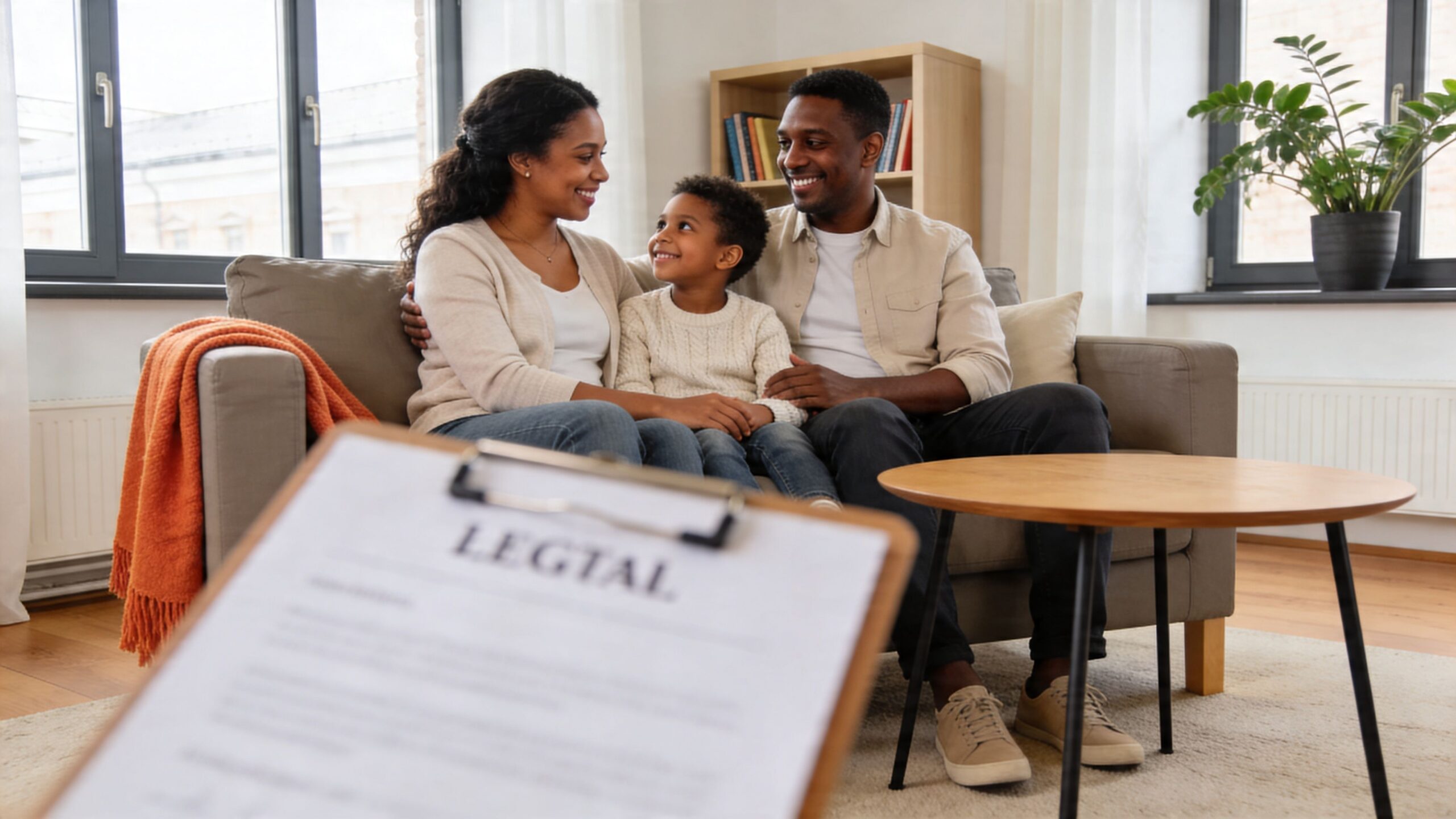 Familia afroamericana sonriente sentada en un sofá durante una consulta profesional con documentos legales en primer plano