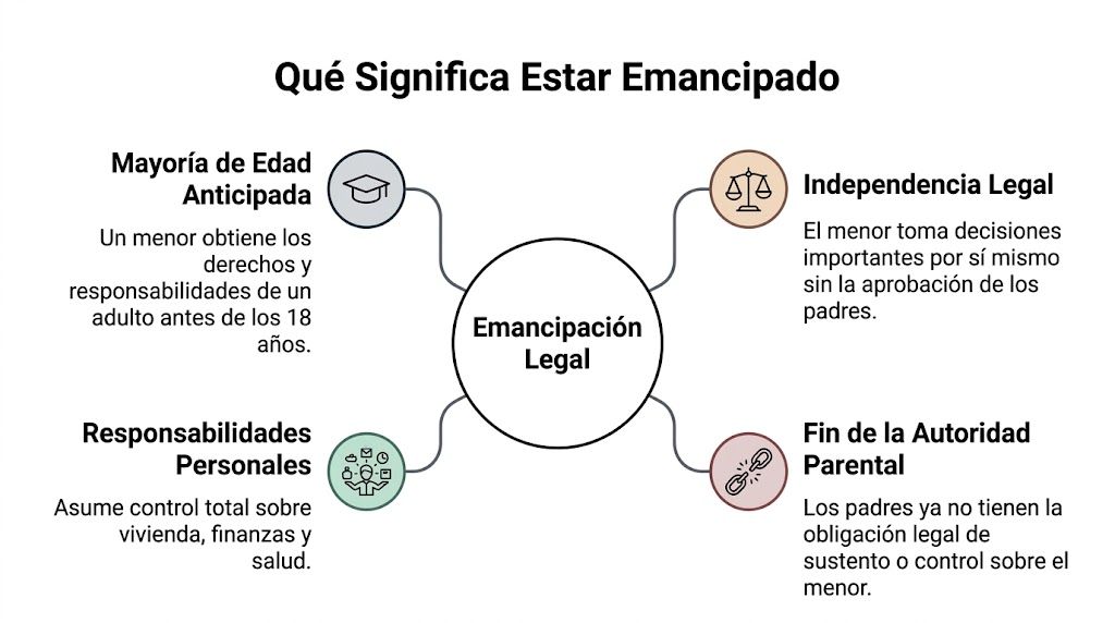 Infografía sobre el significado de la emancipación legal para menores, detallando derechos y responsabilidades de los jóvenes.