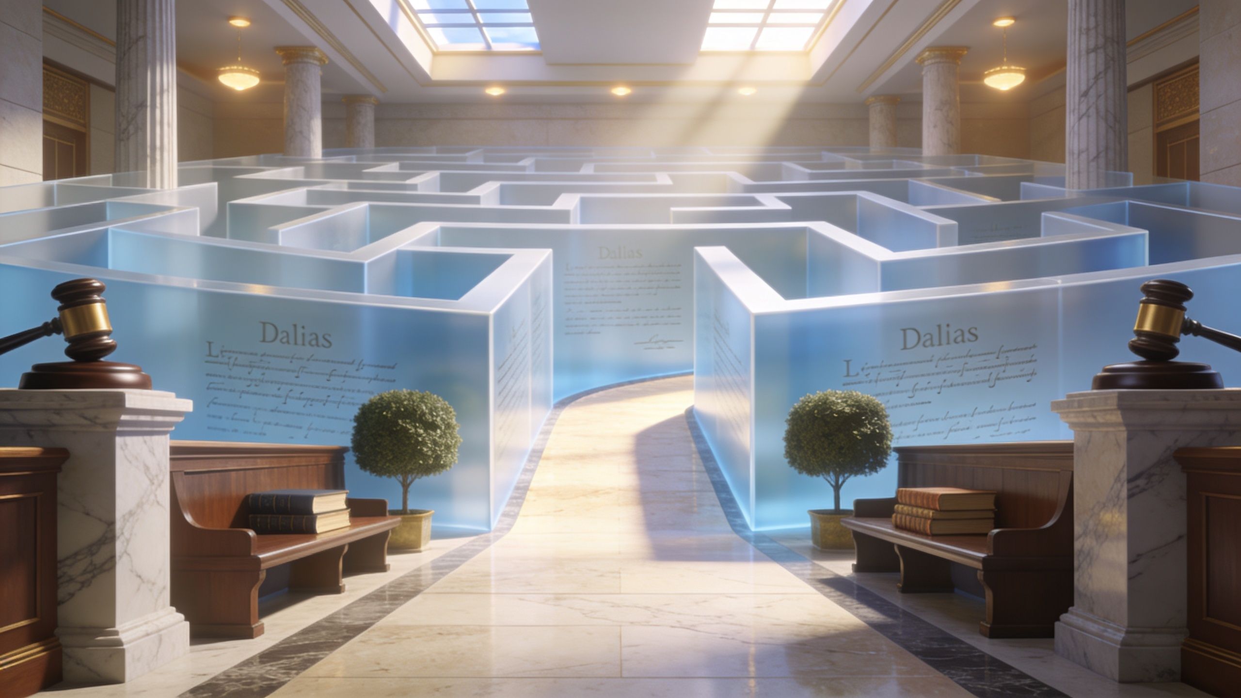 Un laberinto de cristal que simboliza la complejidad de los procedimientos legales de custodia en Dallas, Texas.