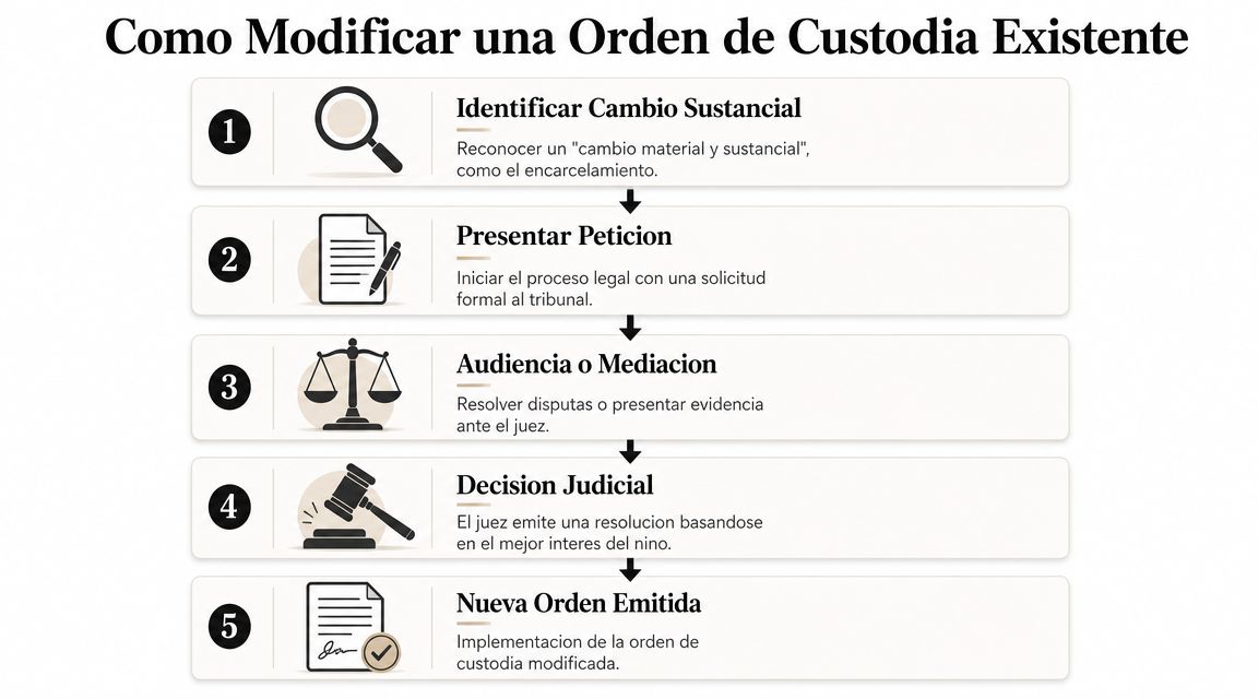 Diagrama de cinco pasos sobre cómo modificar una orden de custodia judicial existente en el tribunal.