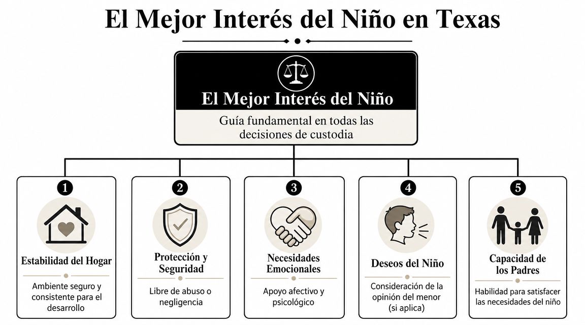 Diagrama sobre el mejor interés del niño en decisiones de custodia legal dentro del estado de Texas.