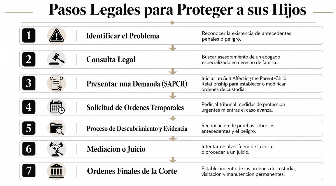 Infografía con los siete pasos legales para proteger a los hijos de padres con antecedentes peligrosos.